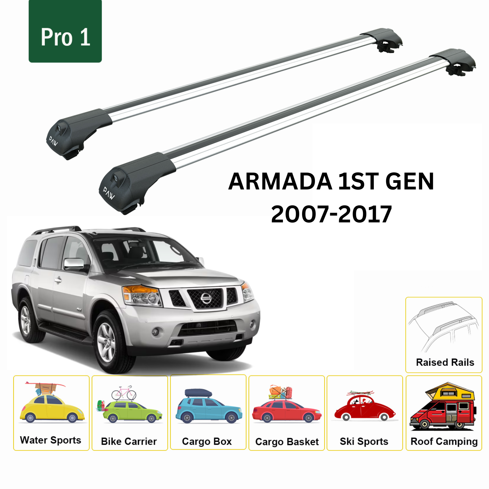 For Nissan Armada Patrol 2007-17 Roof Rack Cross Bars Metal Bracket Raised Rail Alu Silver