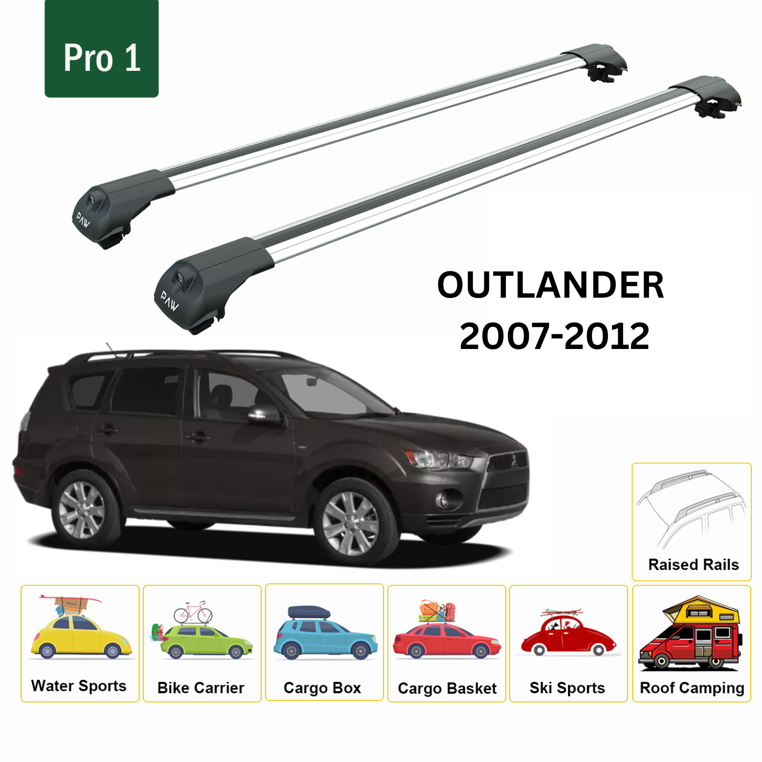 For Mitsubishi Outlander 2007-12 Roof Rack Cross Bars Metal Bracket Raised Rail Alu Silver