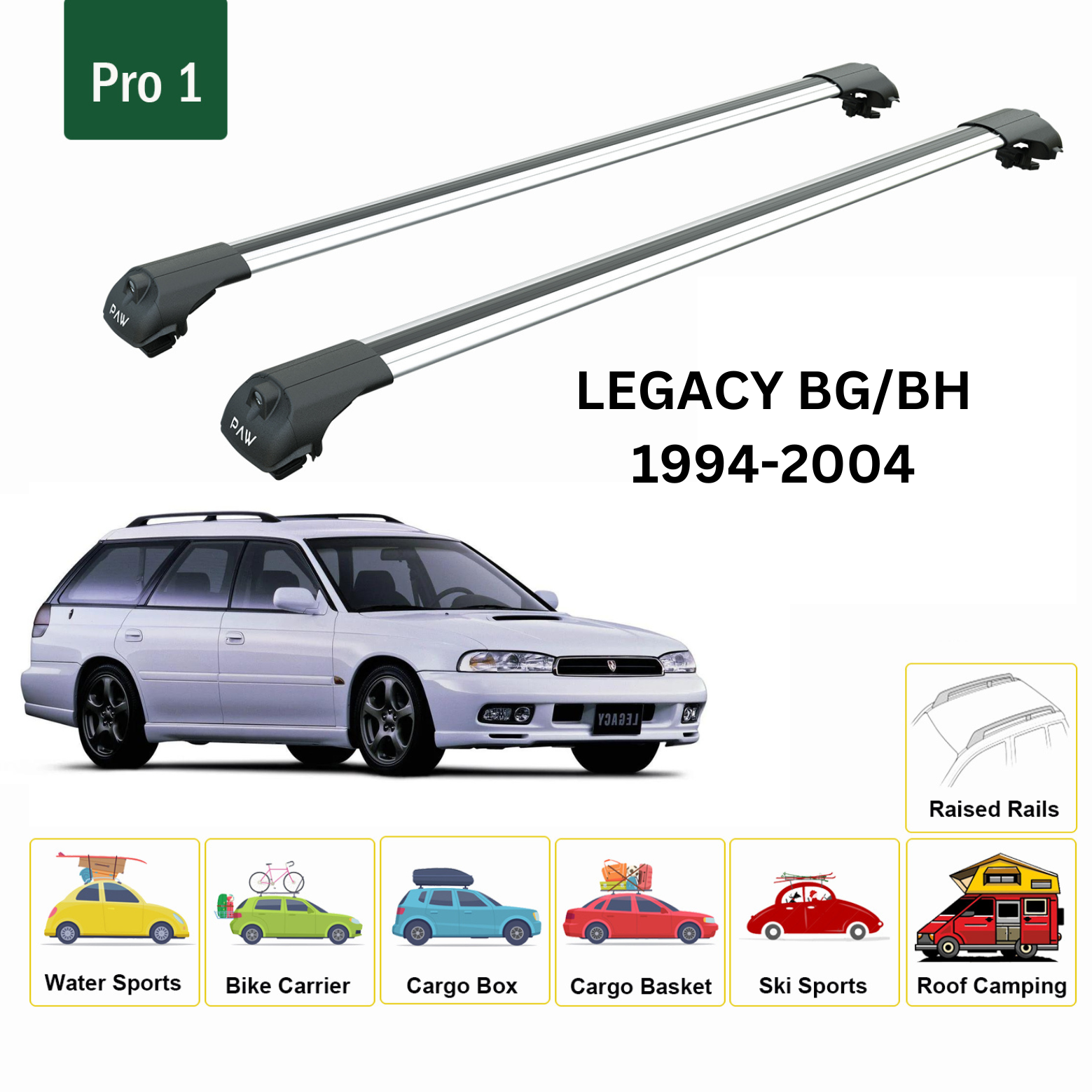 For Subaru Legacy Estate BH 1994-04 Roof Rack Carrier Cross Bars Metal Bracket Raised Rail Alu Silver - 0