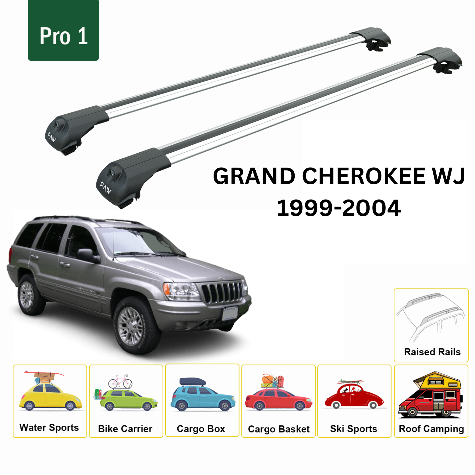 For Jeep Grand Cherokee WJ 1999–04 Roof Rack Cross Bars Raised Rail Silver - 0