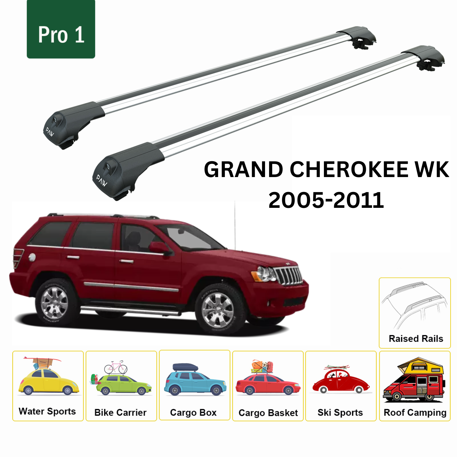 Für Jeep Grand Cherokee 2005–2010 Dachträgersystem, Aluminium-Querstange, Metallhalterung, abschließbar, Silber