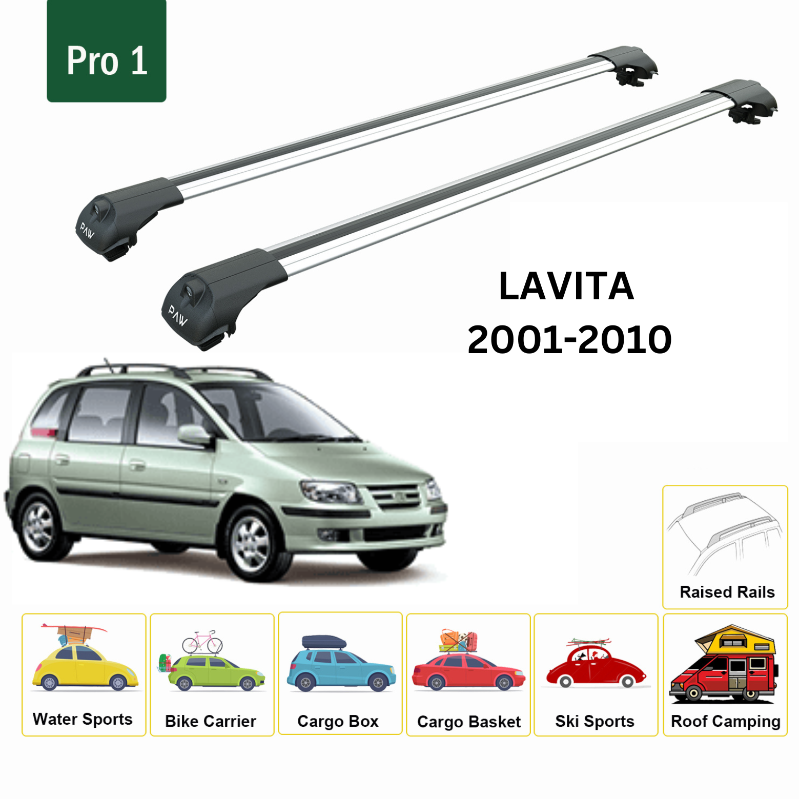 For Hyundai Lavita 2001-10 Roof Rack Cross Bars Raised Rail Alu Silver - 0