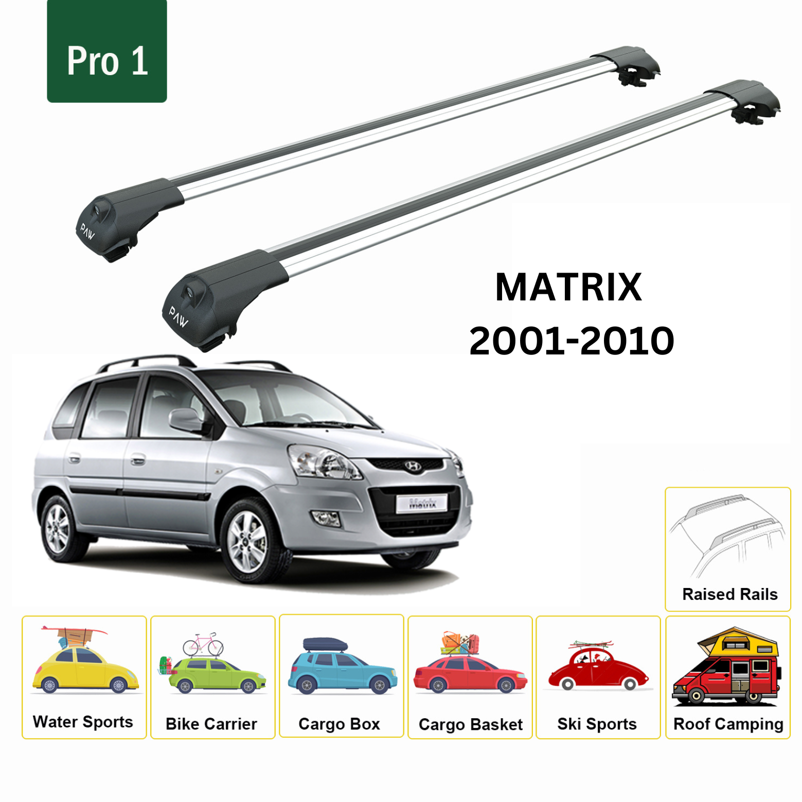 For Hyundai Matrix 2001-10 Roof Rack Cross Bars Metal Bracket Raised Rail Alu Silver