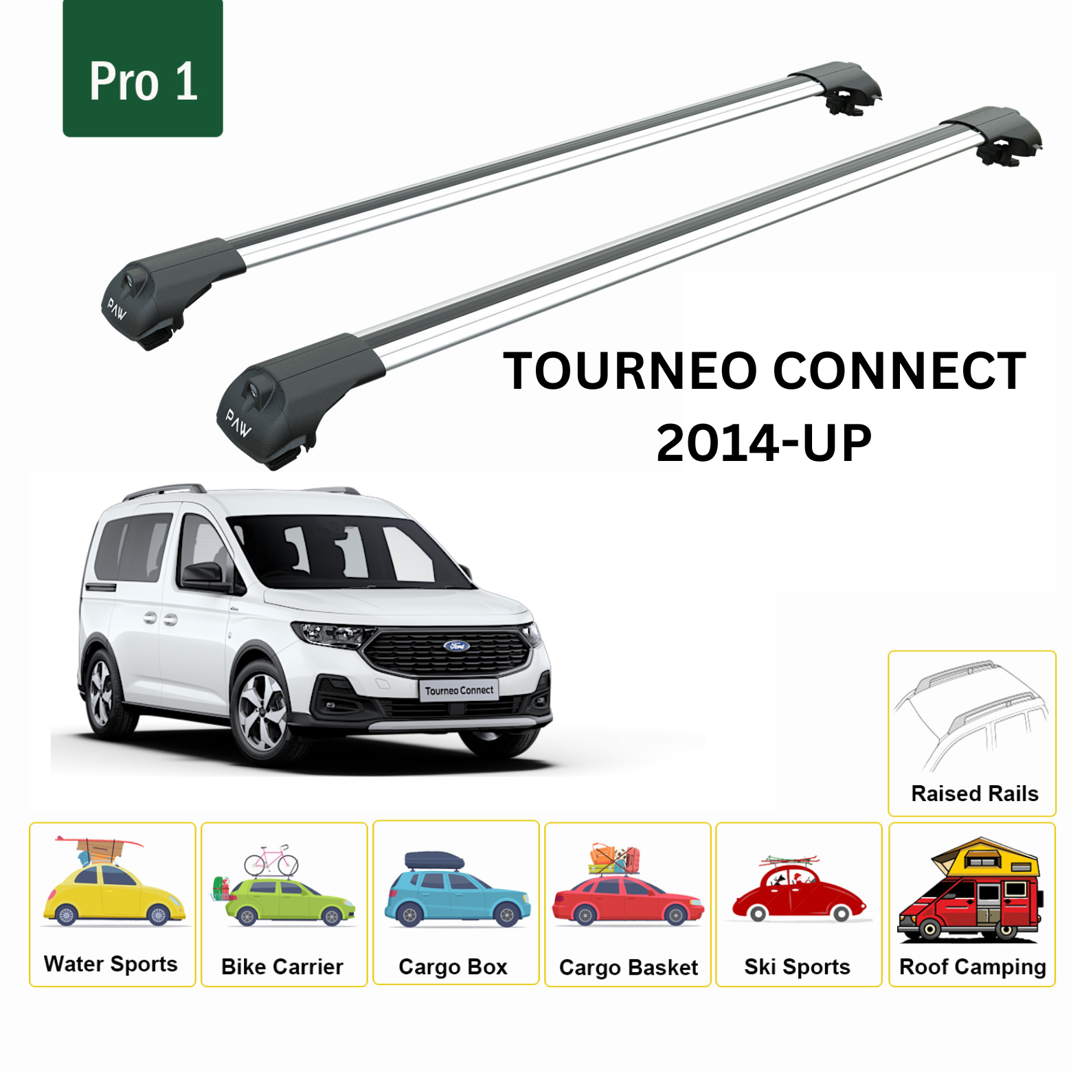 For Ford Tourneo Connect LWB 2014-Up Roof Rack Cross Bars Metal Bracket Raised Rail Alu Silver