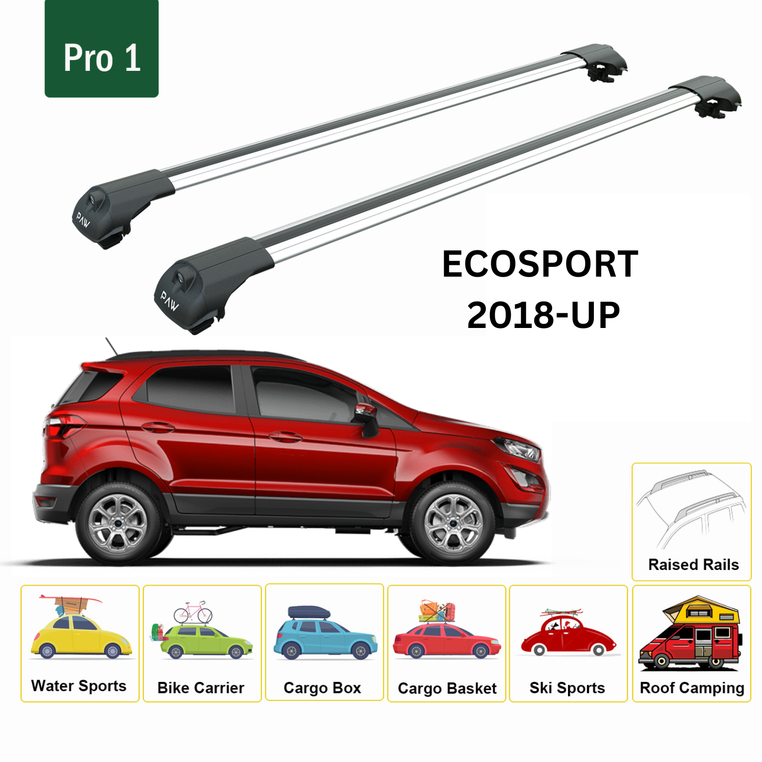 For Ford EcoSport 2018-Up Roof Rack Cross Bars Metal Bracket Flush Rail Alu Silver