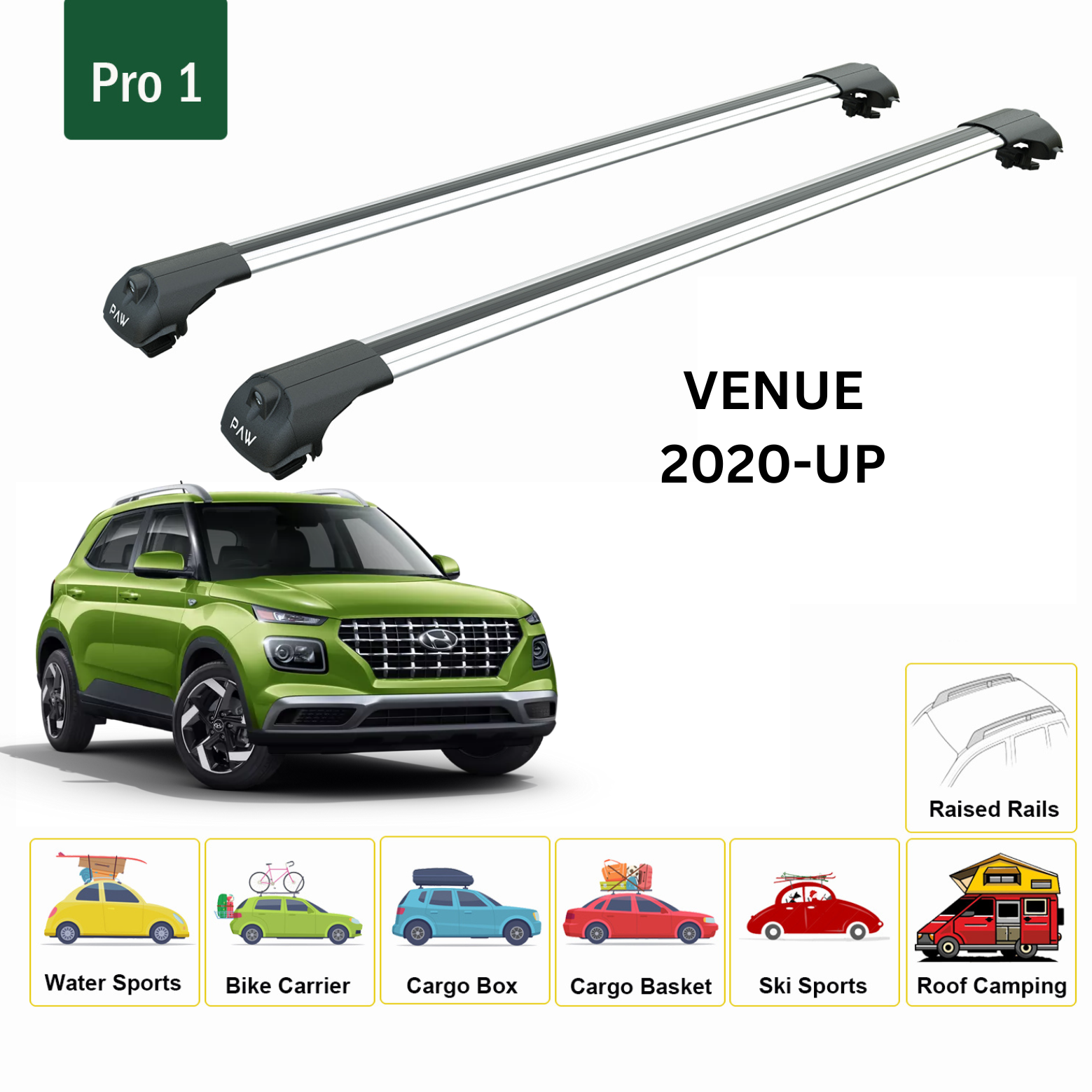 For Hyundai Venue 2020-Up Roof Rack Cross Bars Metal Bracket Raised Rail Alu Silver-2