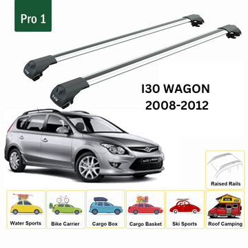 For Hyundai i30 Wagon 2008-2012 Roof Rack Cross Bars Raised Rail Alu Silver - 0