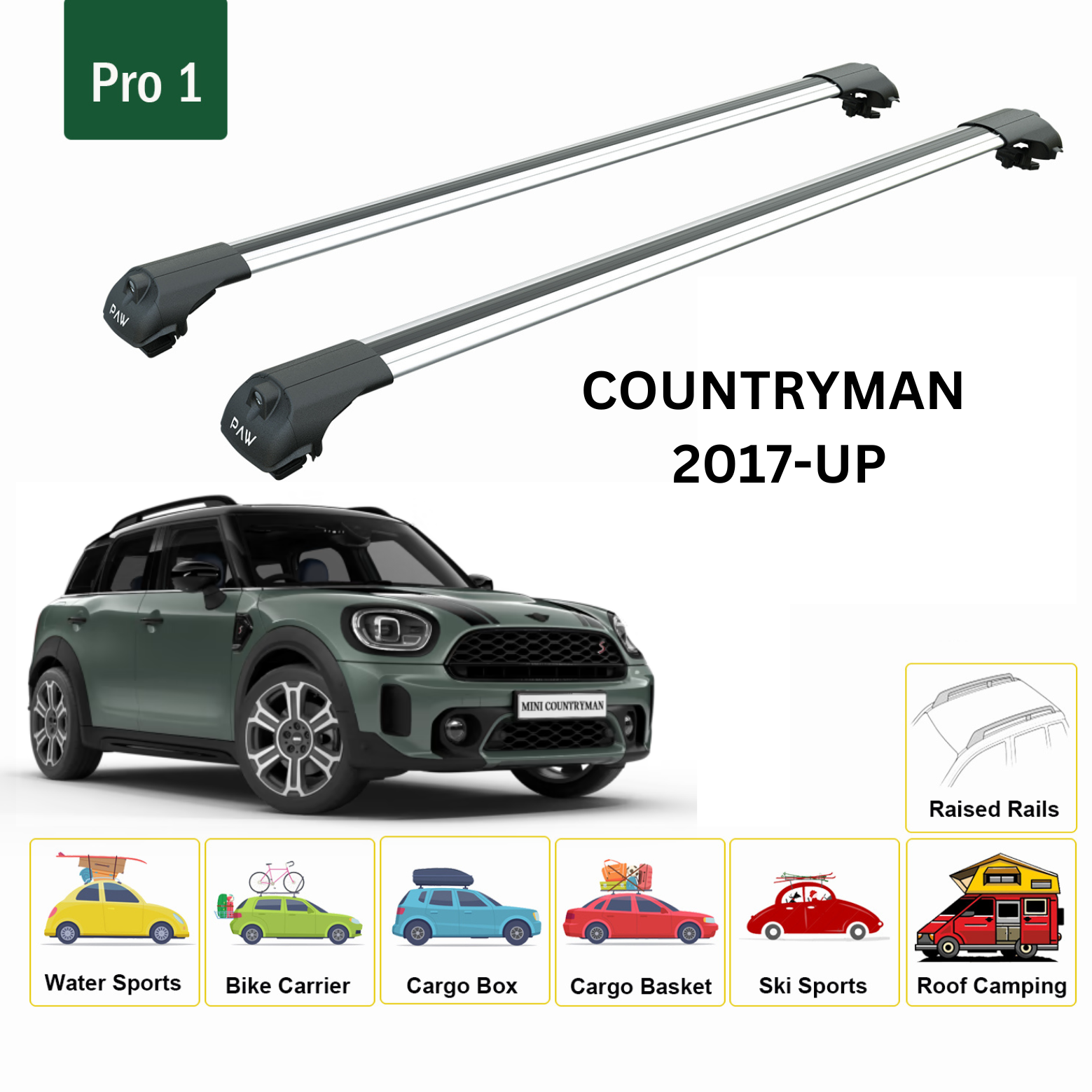 For Mini Countryman F60 Roof Rack Cross Bars Metal Bracket Raised Rail Alu Silver 2017-2022 - 0