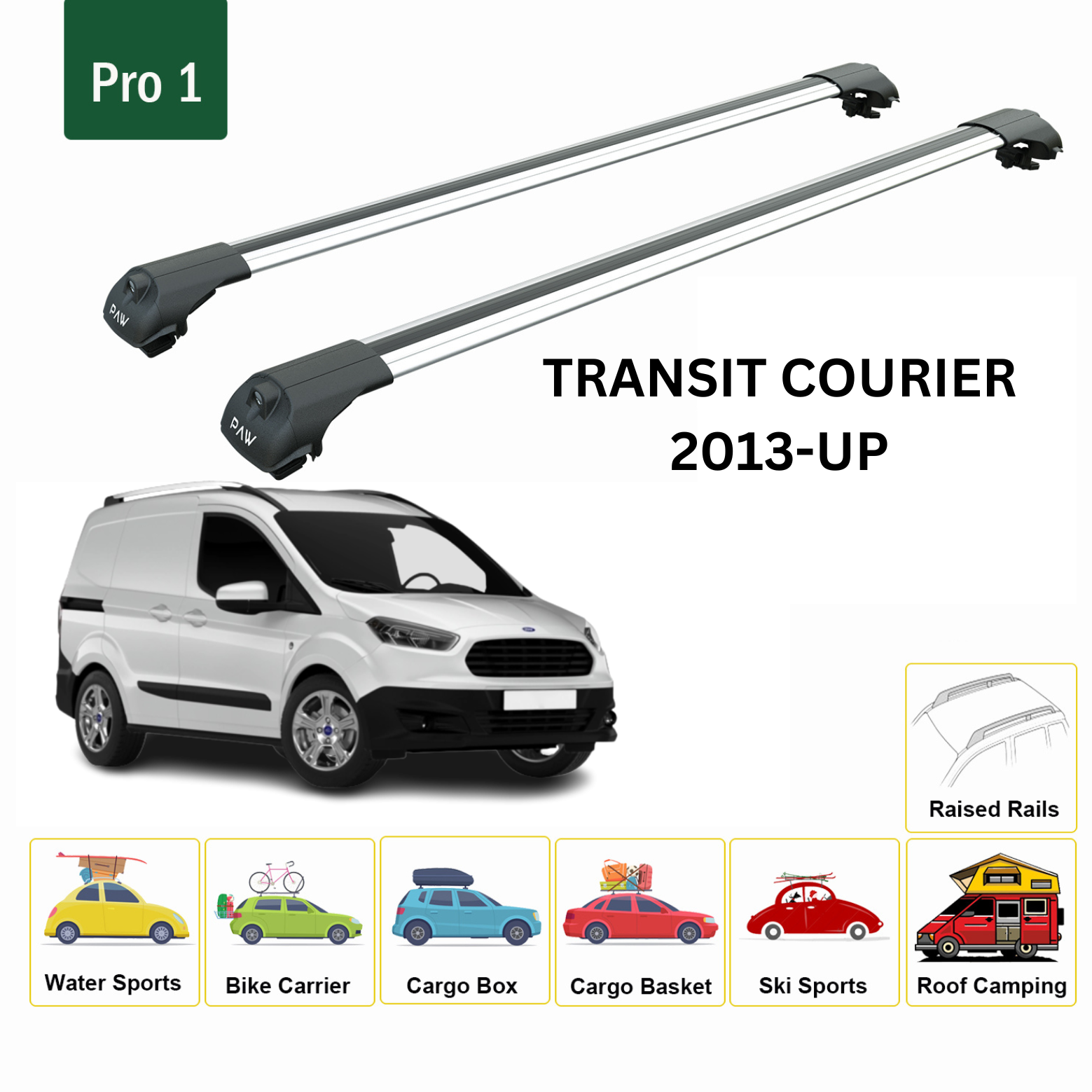 For Ford Transit Courier 2013-Up Roof Rack Cross Bars Raised Rail Alu Silver - 0