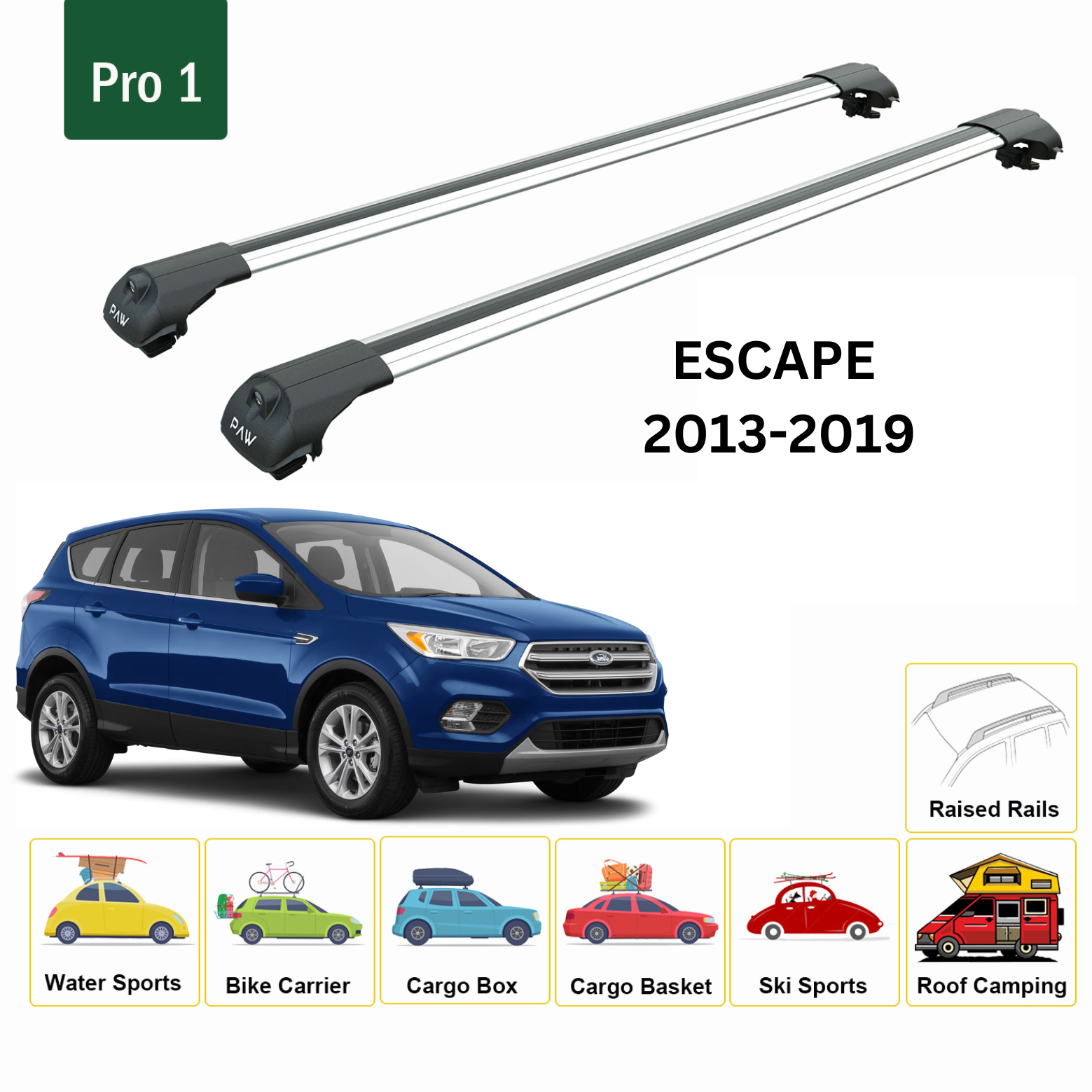 Für Ford Escape (C5) 2013–2019 Dachträgersystem, Aluminium-Querstange, Metallhalterung, abschließbar, Silber
