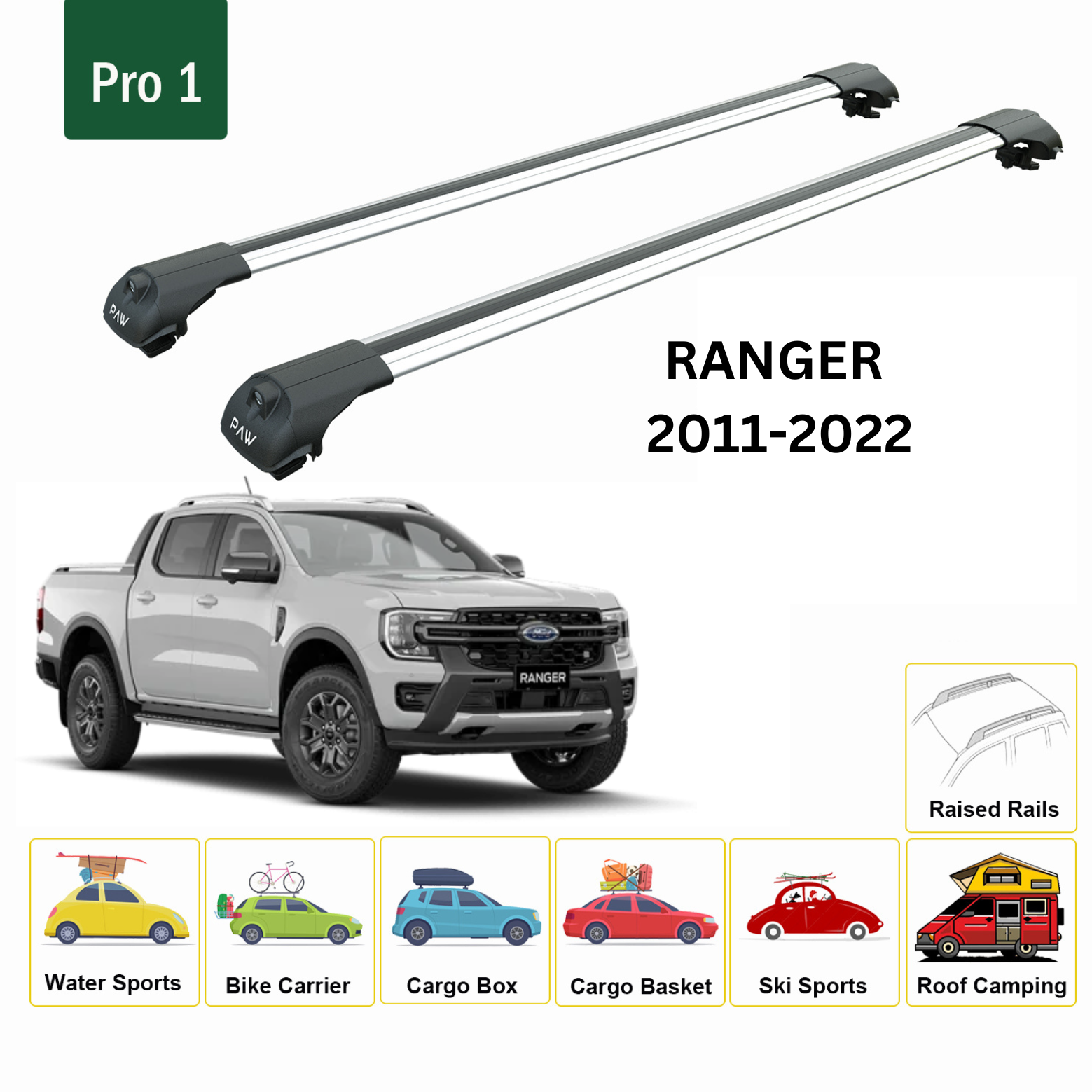 For Ford Ranger 2011-22 Roof Rack Cross Bars Metal Bracket Raised Rail Alu Silver