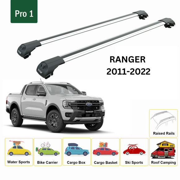 For Ford Ranger 2011-2022 Roof Rack Cross Bars Raised Rail Silver