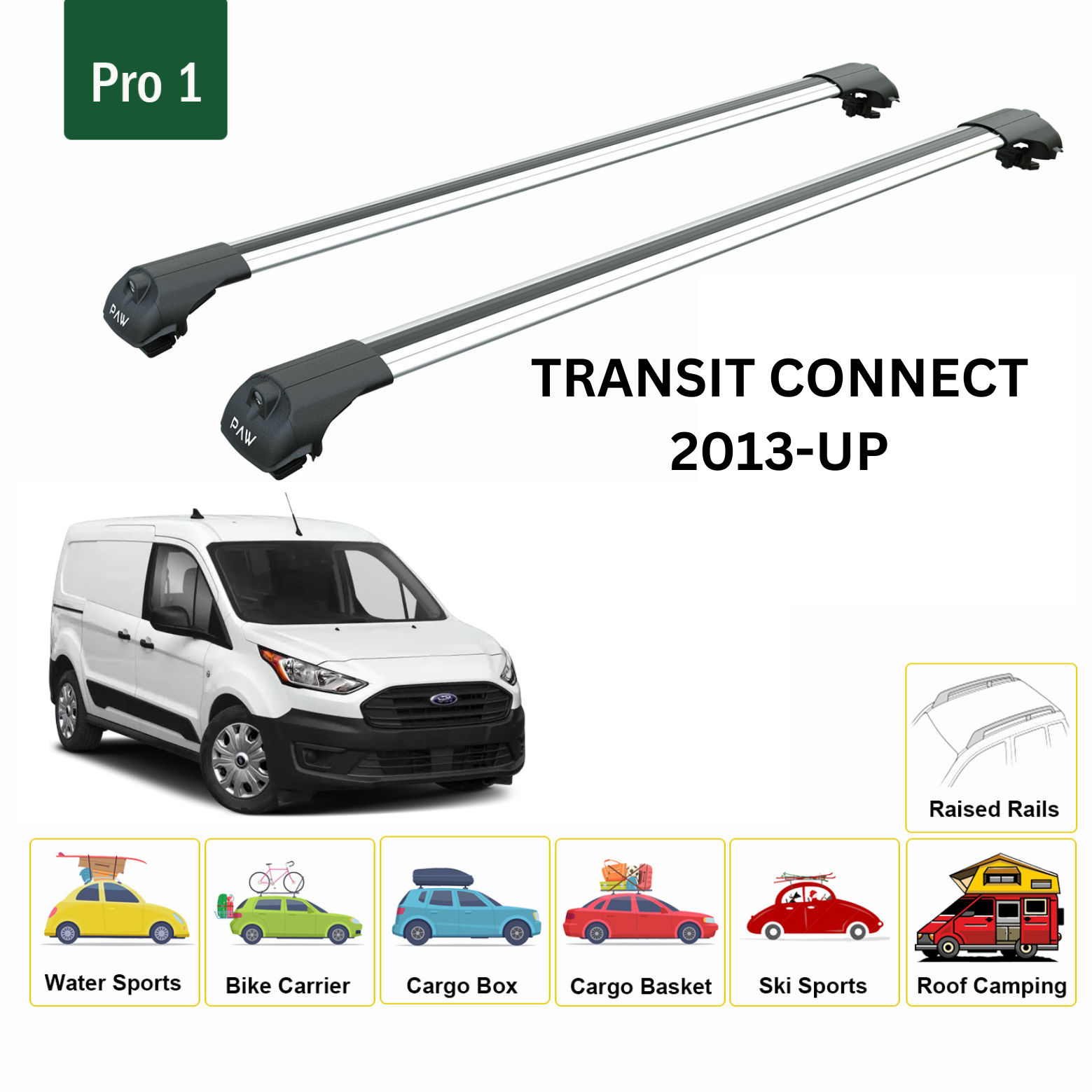 For Ford Transit Connect LWB 2013-Up Roof Rack Cross Bars Raised Rail Alu Silver
