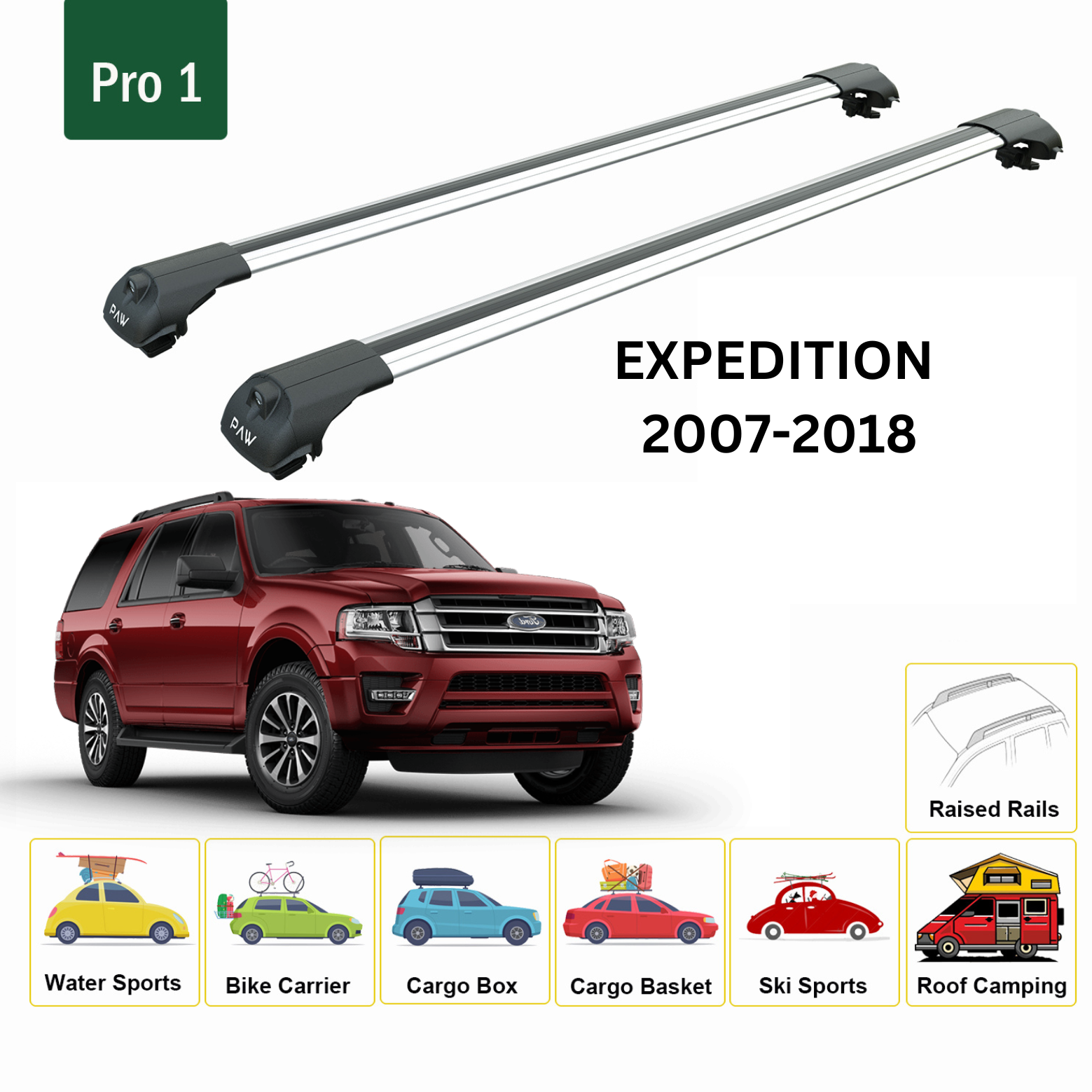 For Ford Expedition (U324) 2007-18 Roof Rack Cross Bars Raised Rail Alu Silver