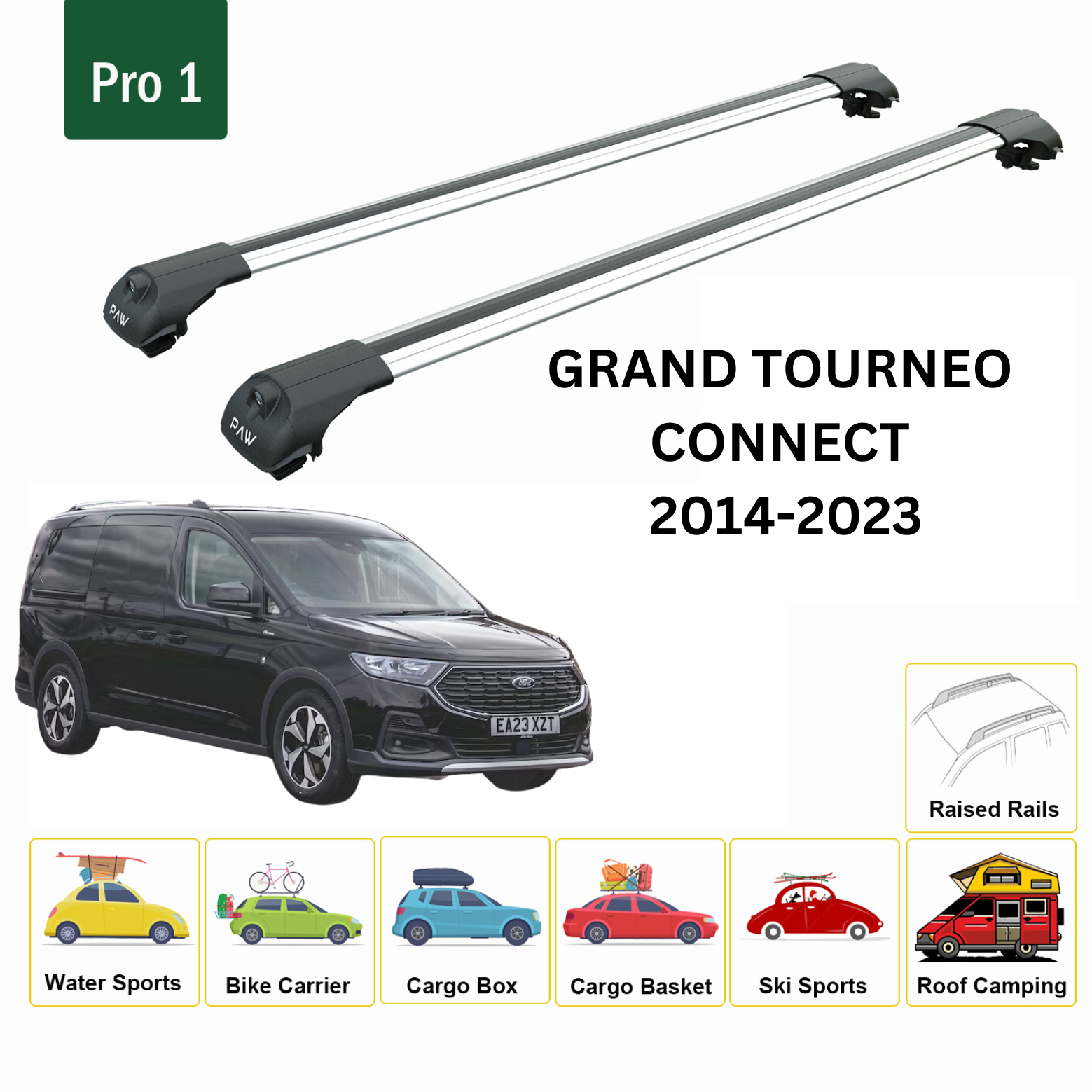 For Ford Grand Tourneo Connect 2013-Up Roof Rack Cross Bars Metal Bracket Raised Rail Alu Silver