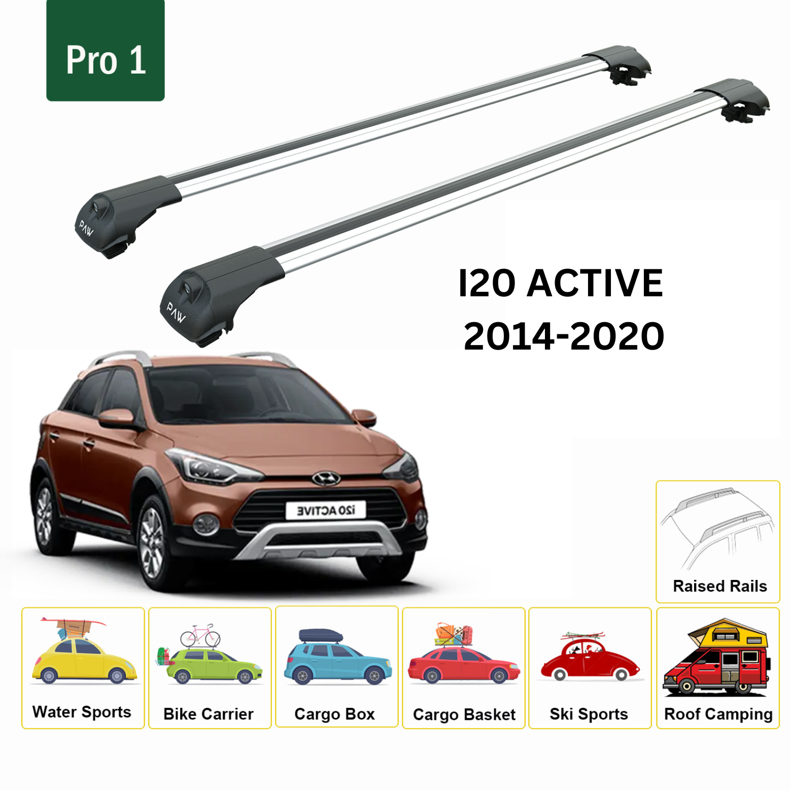 For Hyundai i20 Active 2015-20 Roof Rack Cross Bars Metal Bracket Raised Rail Alu Silver