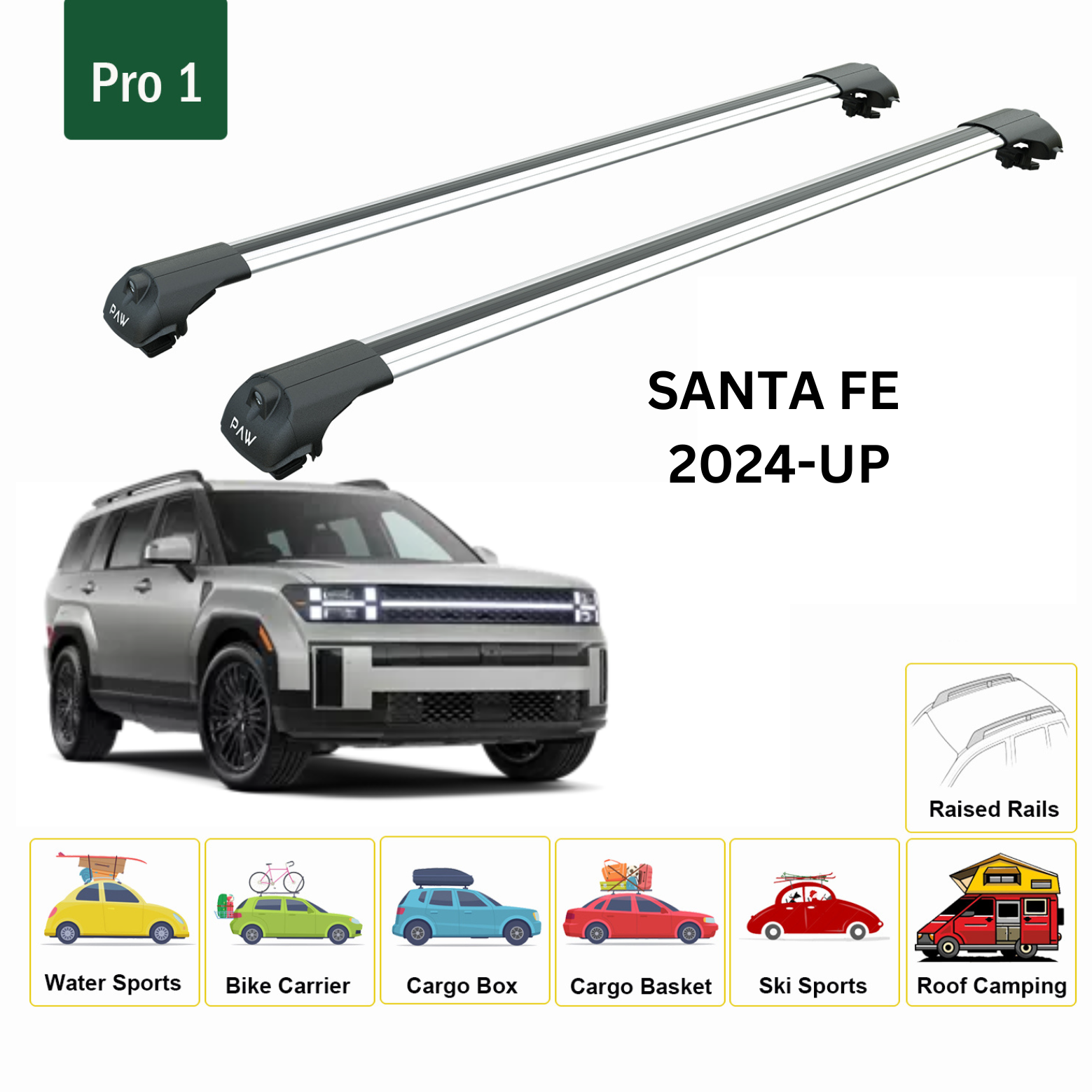 For Hyundai Santa Fe 2024-Up Roof Rack Cross Bars Raised Rail Alu Silver