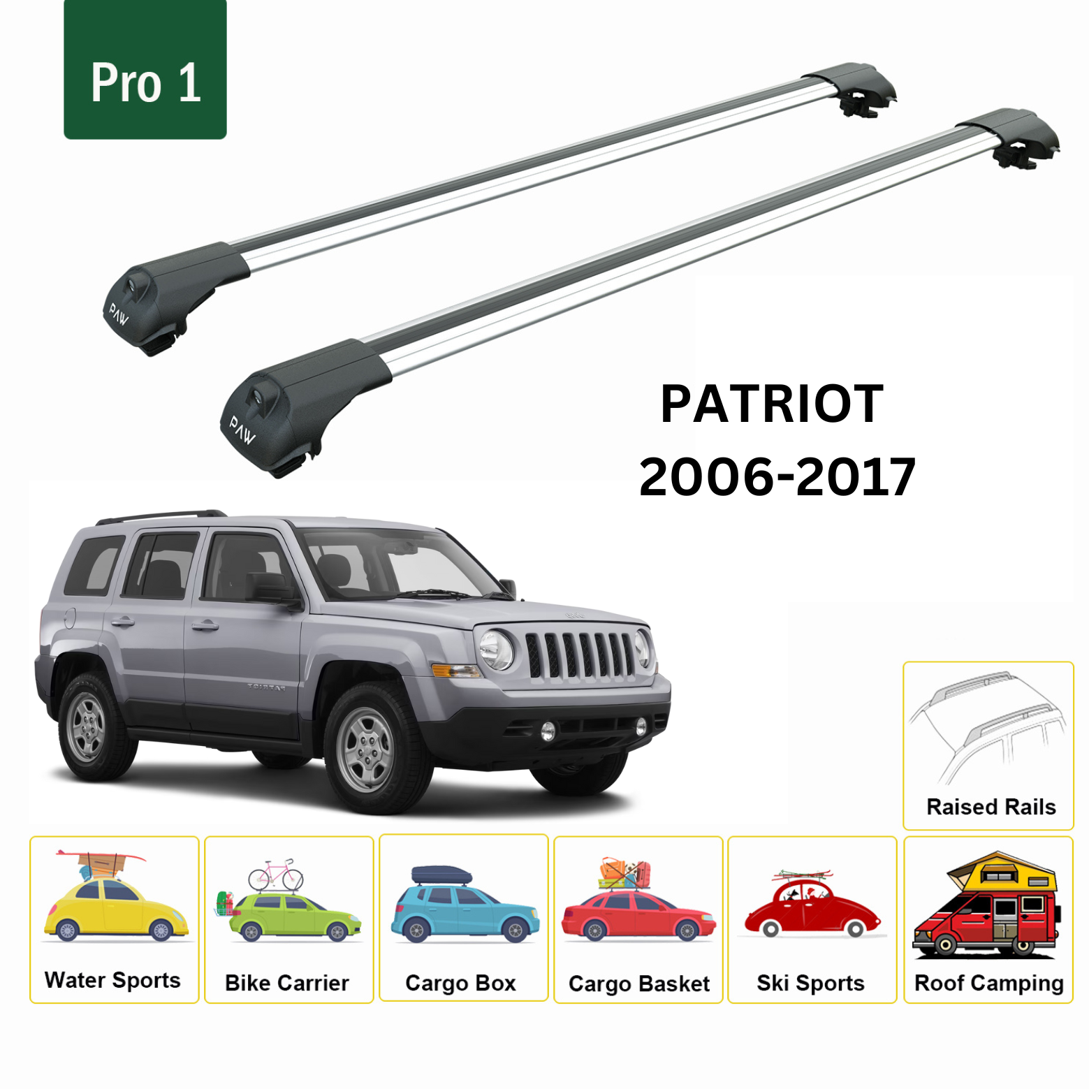 For Jeep Patriot 2006-2017 Roof Rack Cross Bars Raised Rail Alu Silver