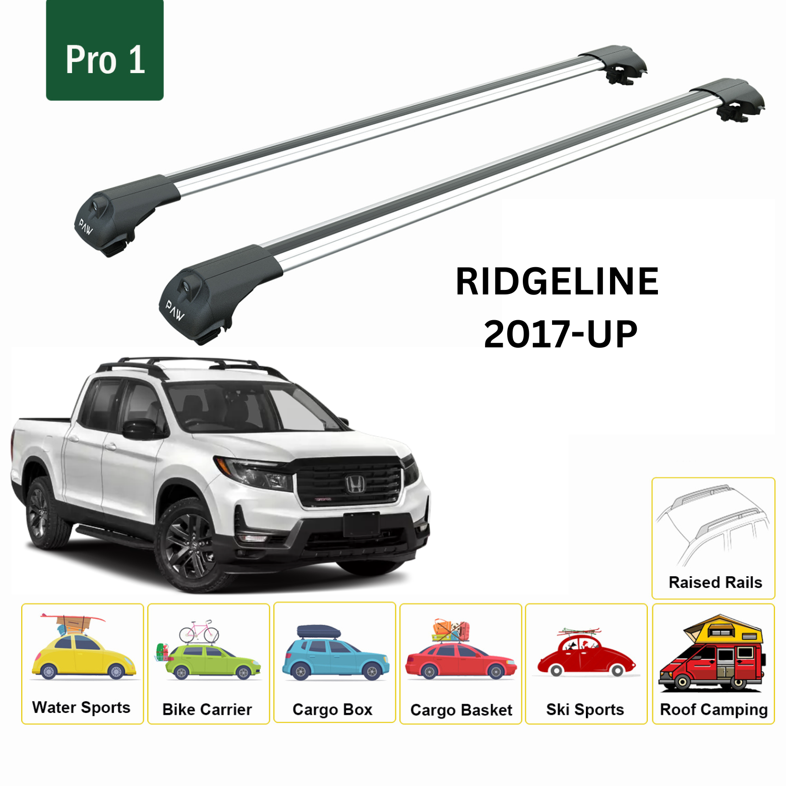 For Honda Ridgeline 2017-Up Roof Rack Cross Bars Metal Bracket Raised Rail Alu Silver