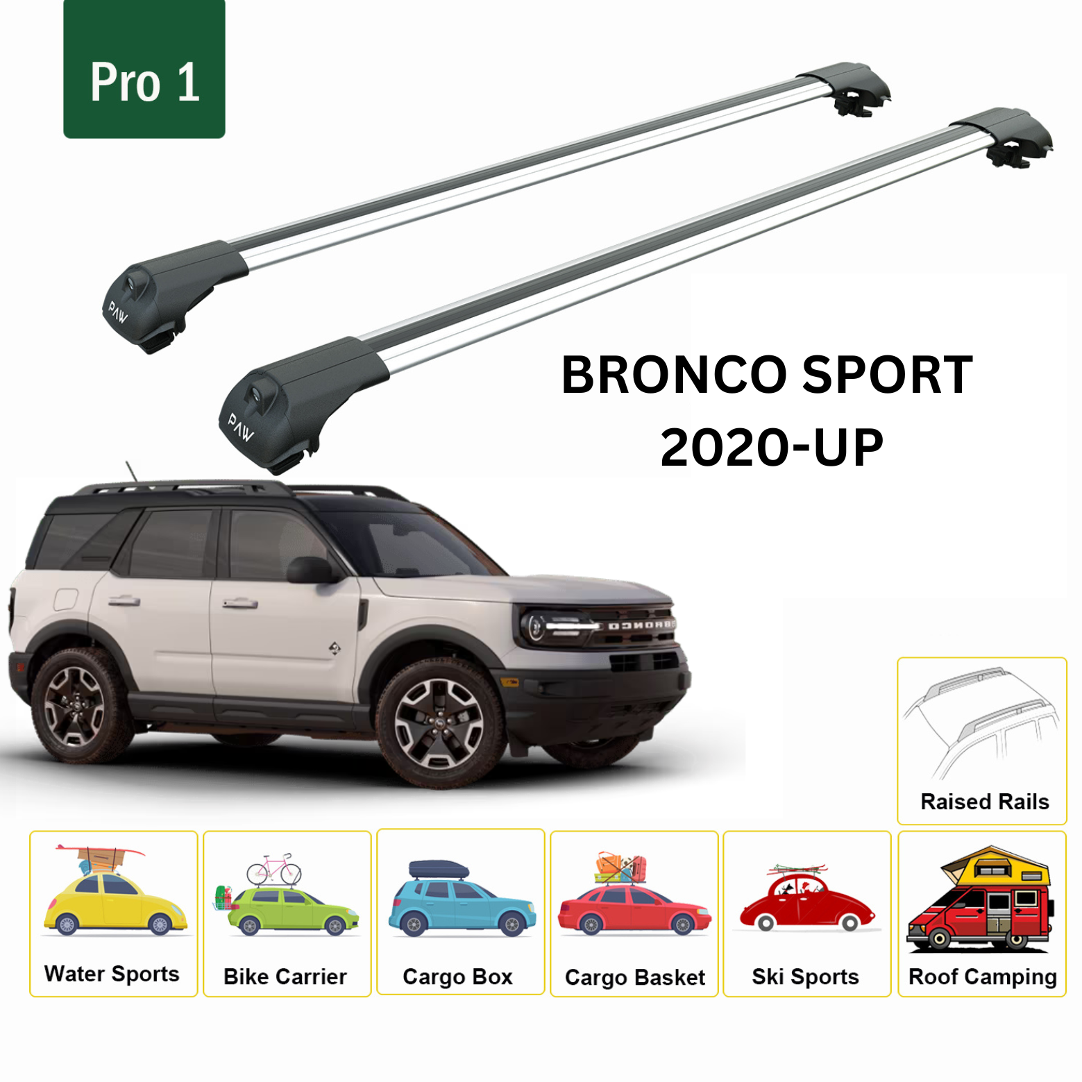 For Ford Bronco Sport 5dr and 3dr 2020-Up Roof Rack Cross Bars Raised Rail Alu Silver - 0