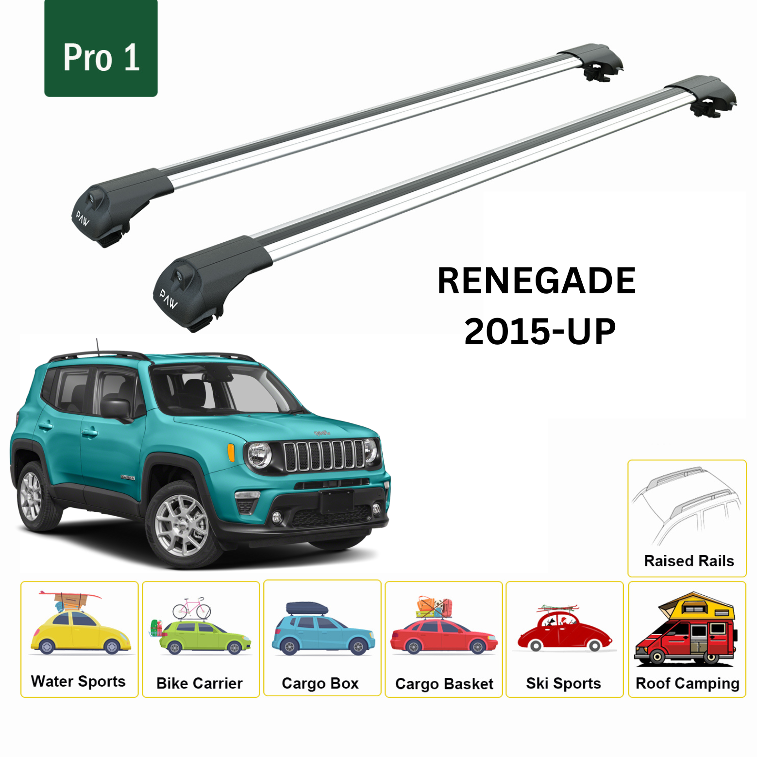 For Jeep Renegade 2015-Up Roof Rack Cross Bars Raised Rail Alu Silver - 0