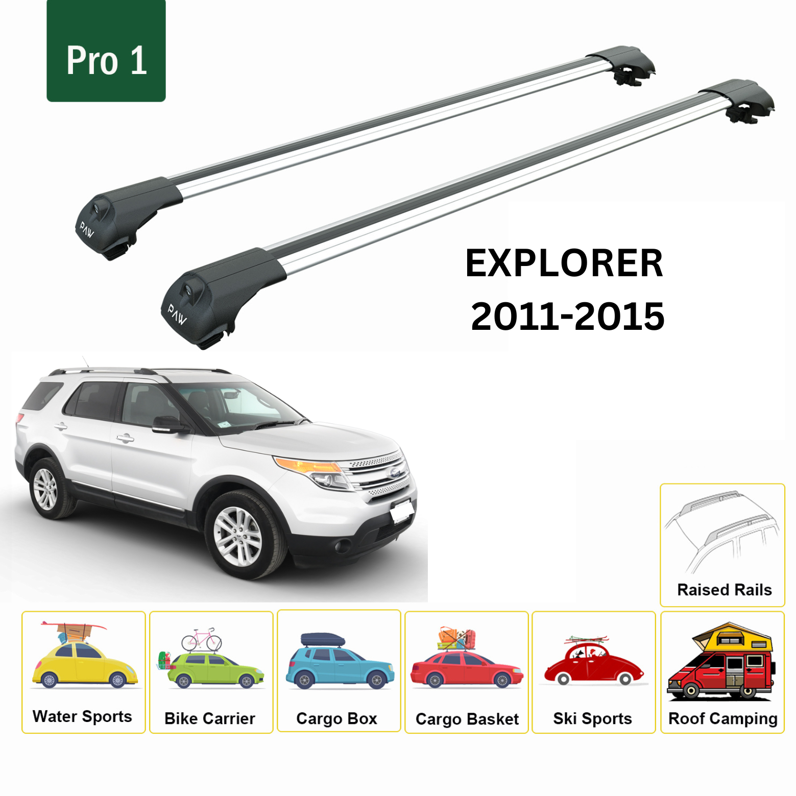 Für Ford Explorer 2011–2015 Dachträgersystem, Aluminium-Querstange, Metallhalterung, abschließbar, Silber