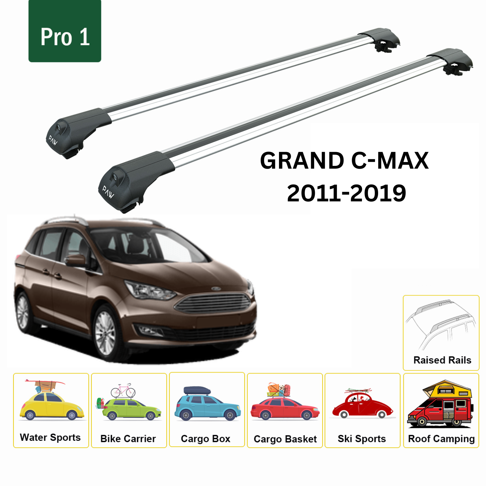 For Ford Grand C-Max (DXA) 2011-19 Roof Rack Cross Bars Raised Rail Alu Silver