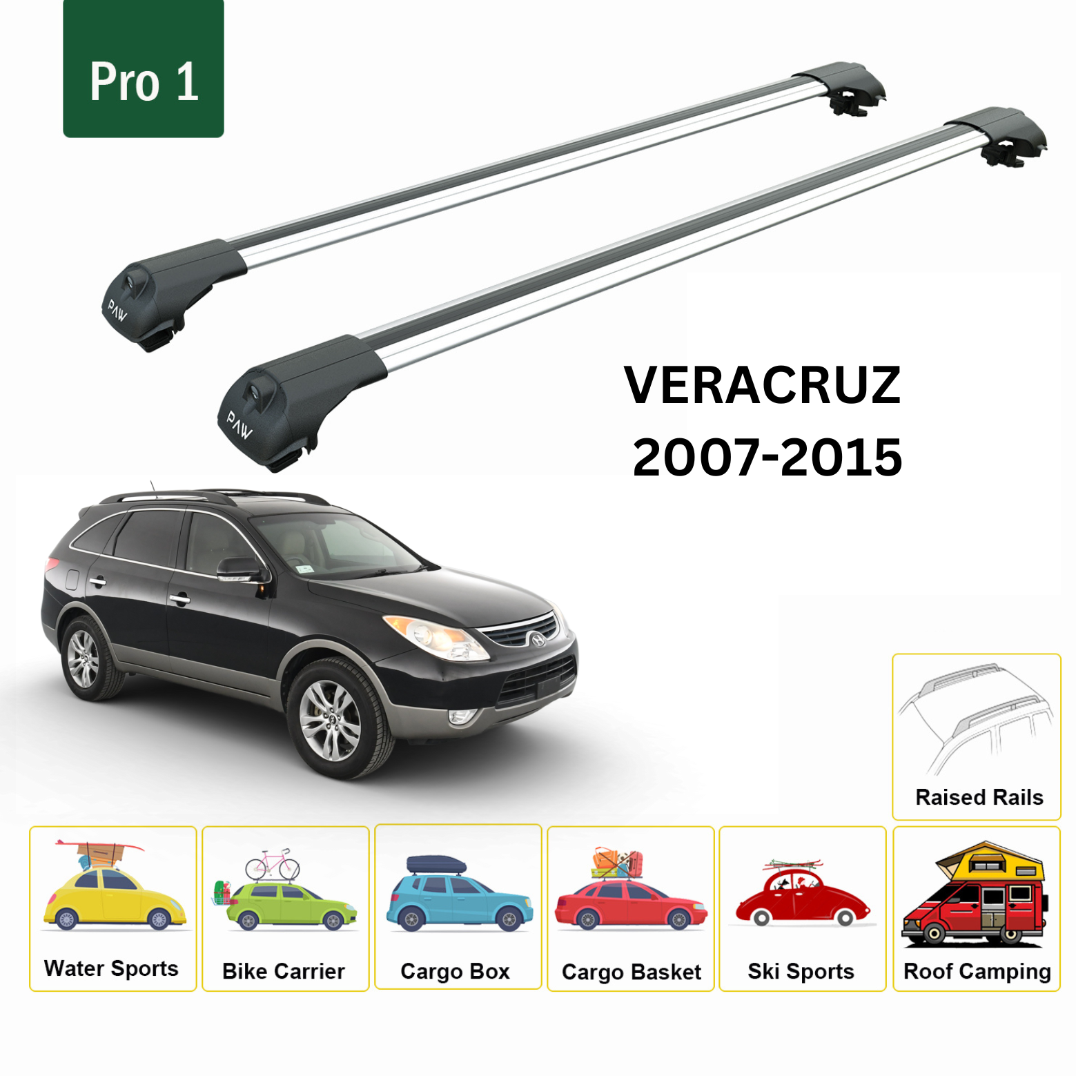 For Hyundai Veracruz 2007-15 Roof Rack Cross Bars Raised Rail Alu Silver - 0