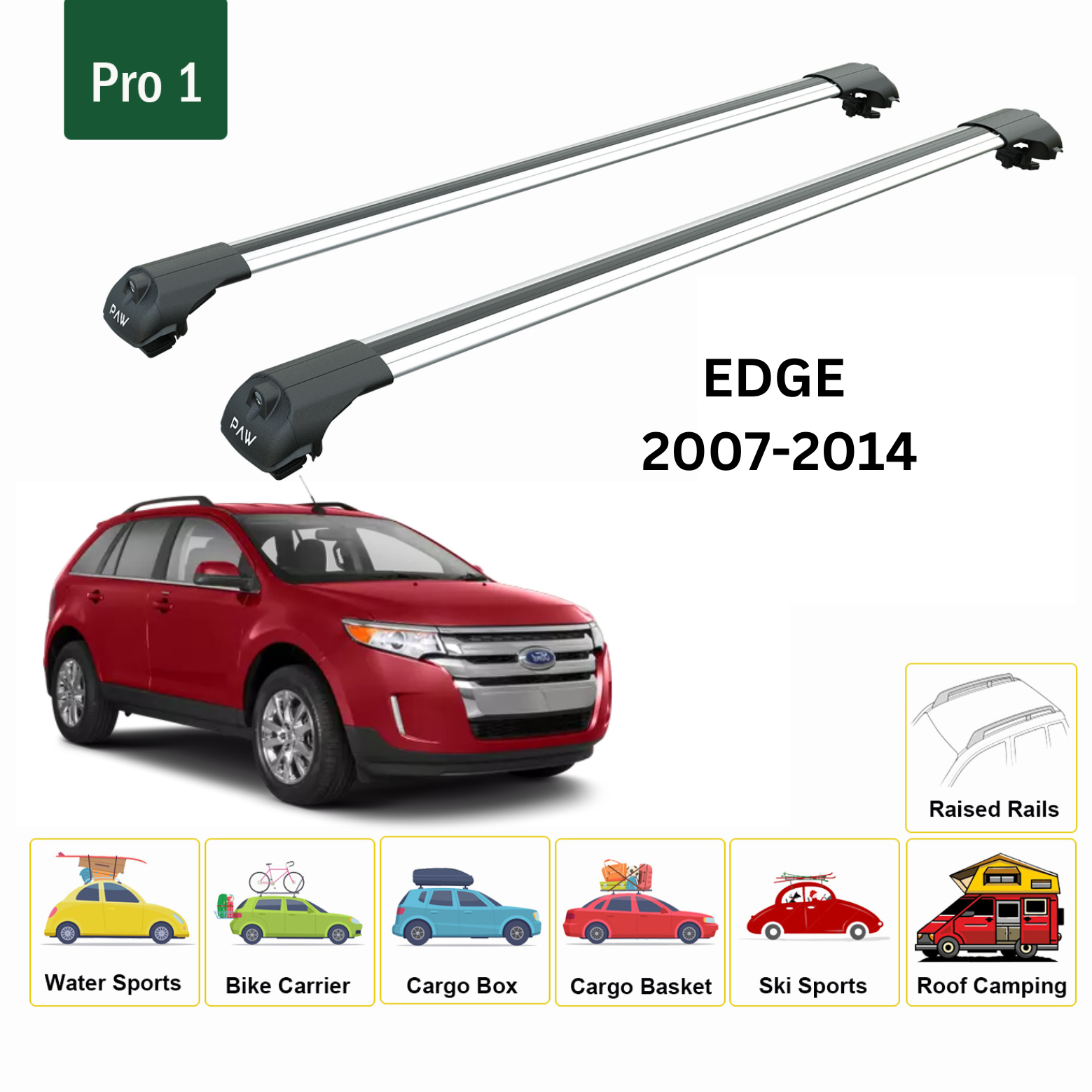 Für Ford Edge 2007–2014 Dachträgersystem, Aluminium-Querstange, Metallhalterung, abschließbar, Silber - 0
