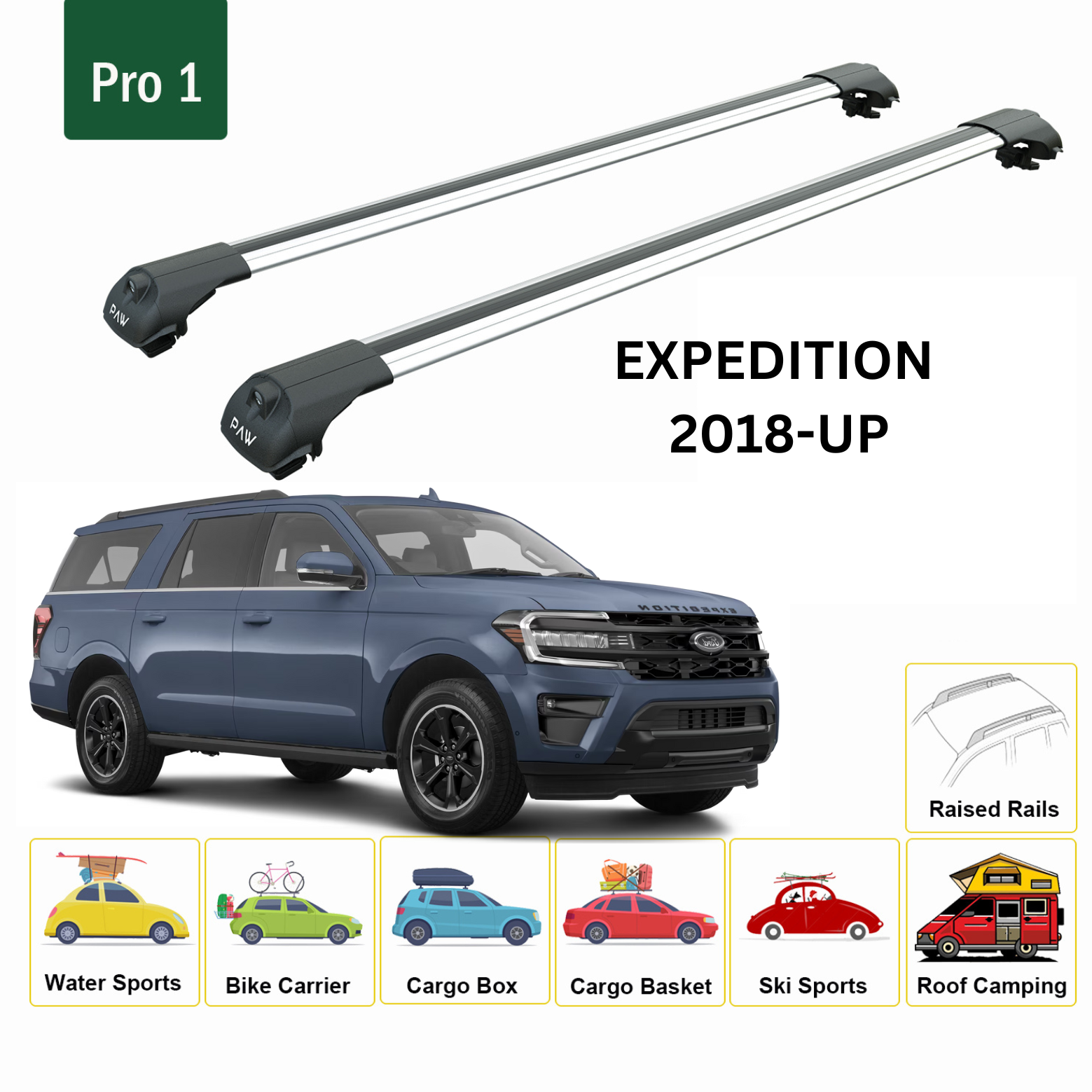 For Ford Expedition (U553) 2018-Up Roof Rack Cross Bars Raised Rail Alu Silver - 0