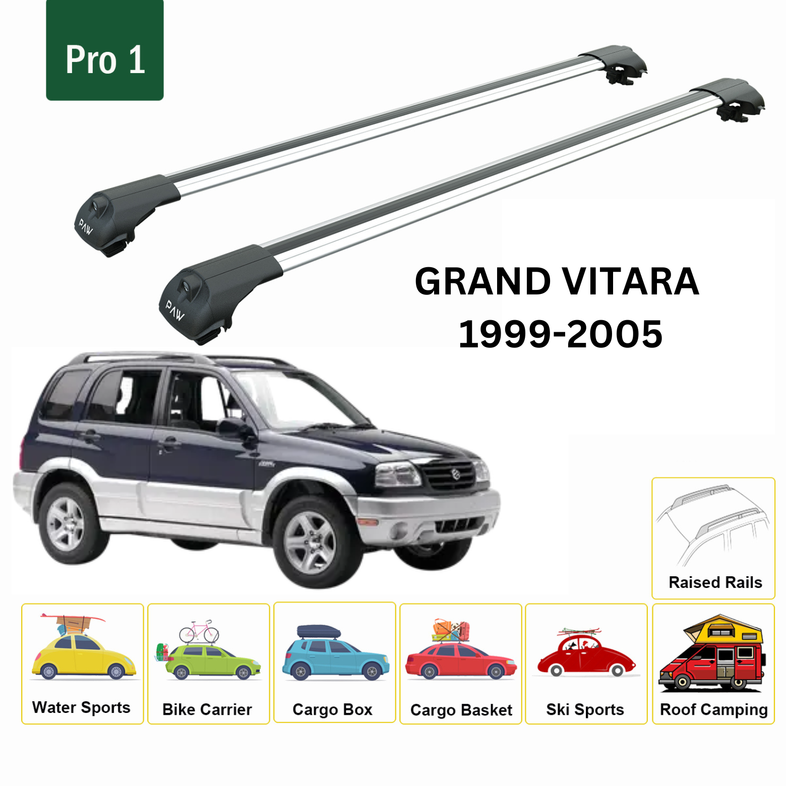 For Suzuki Grand Vitara 1999-2005 Roof Rack Cross Bars Metal Bracket Raised Rail Alu Silver