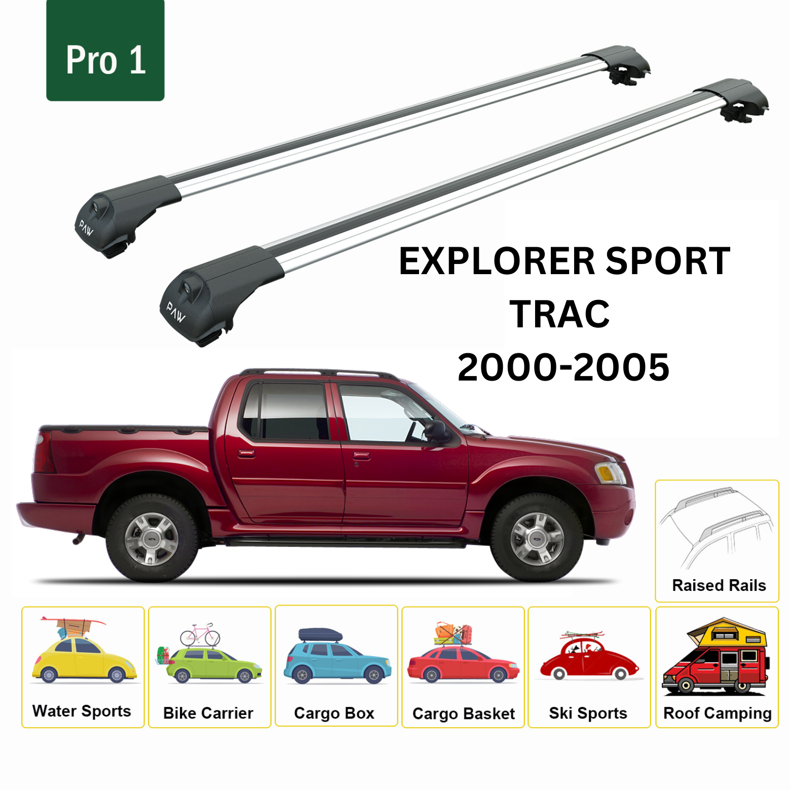 For Ford Explorer Sport Trac 2000-05 Roof Rack Cross Bars Metal Bracket Raised Rail Alu Silver-2