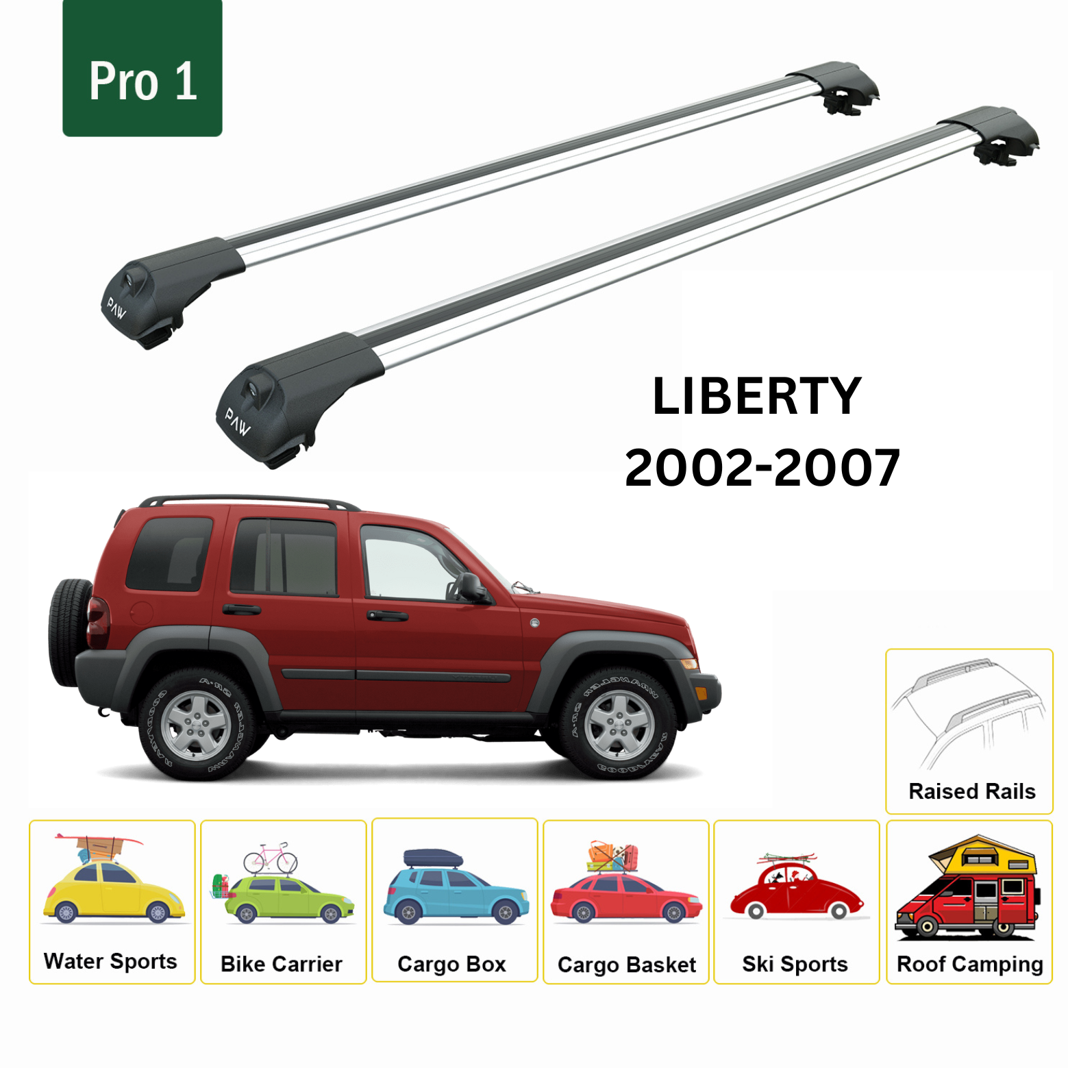 For Jeep Liberty 2002-07 Roof Rack Cross Bars Metal Bracket Raised Rail Alu Silver-2