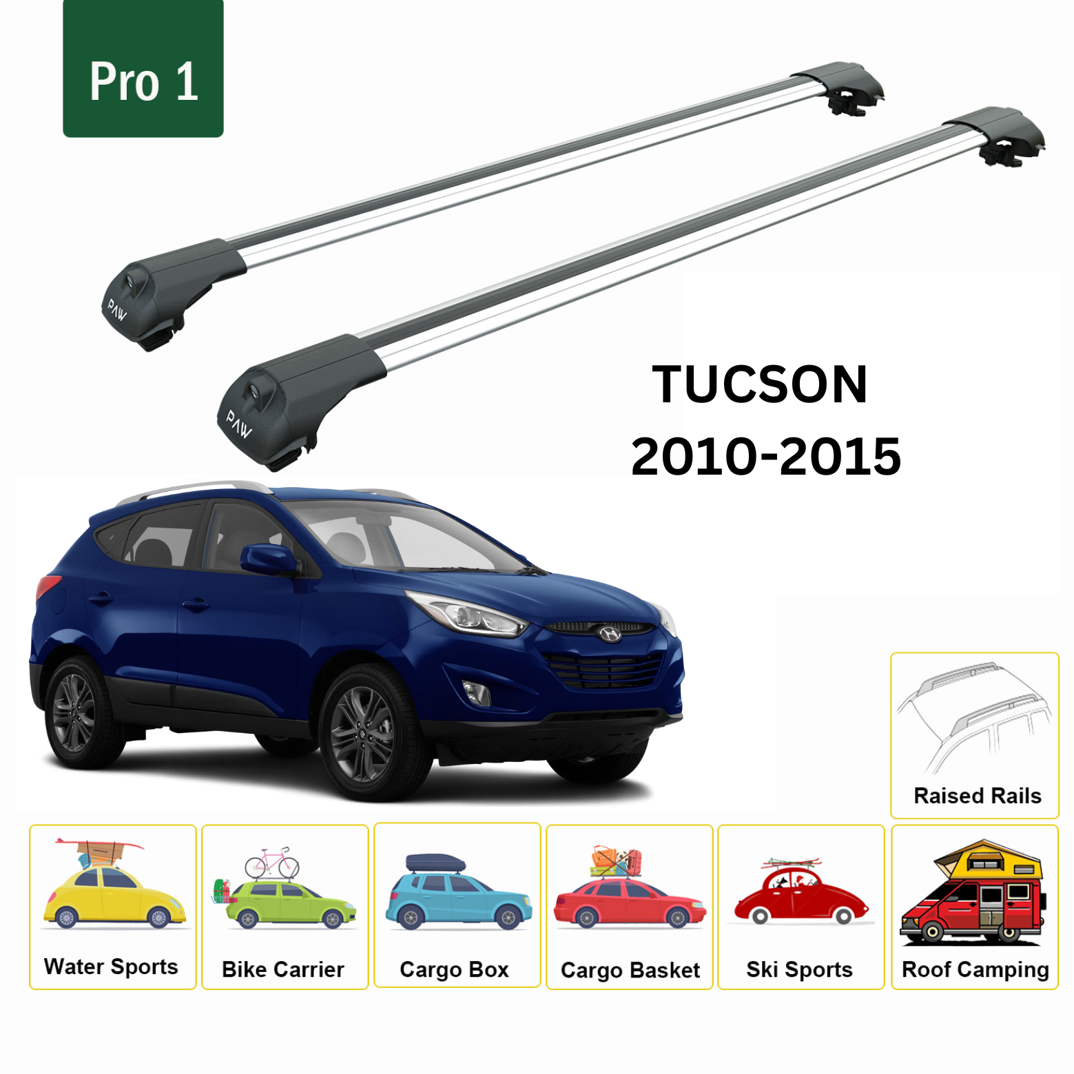 For Hyundai Tucson 2010-15 Roof Rack Cross Bars Raised Rail Alu Silver