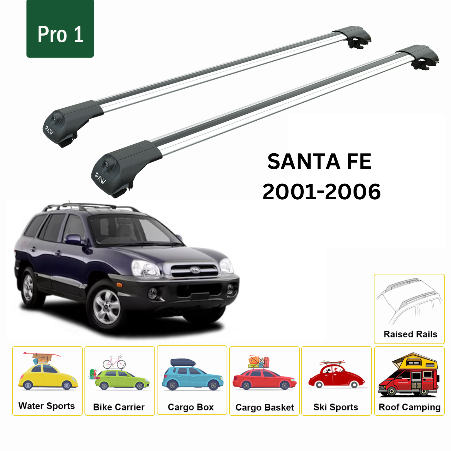 For Hyundai Santa Fe (SM) 2001-06 Roof Rack Cross Bars Raised Rail Alu Silver - 0