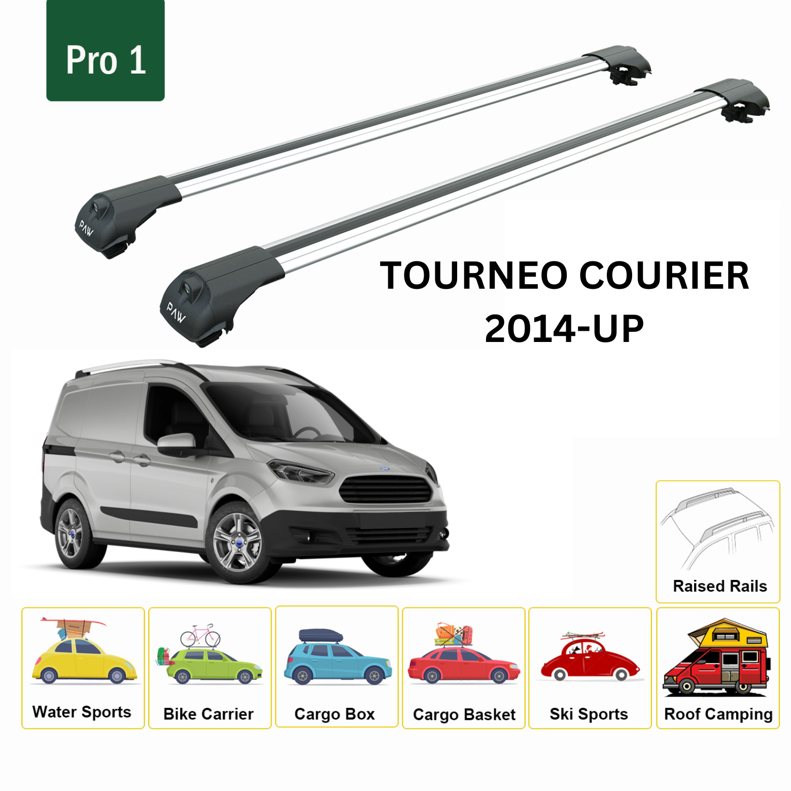 For Ford Tourneo Courier 2014-Up Roof Rack Cross Bars Metal Bracket Raised Rail Alu Silver - 0