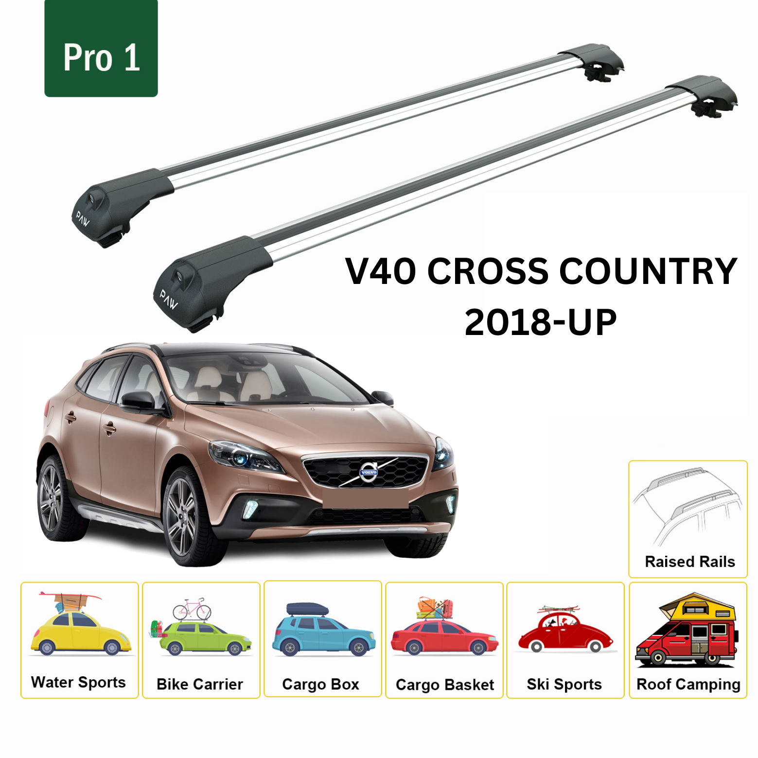 Für Volvo V40 Cross Country 2018-Up Dachträger Querträger Metallhalterung Erhöhte Schiene Alu Silber - 0