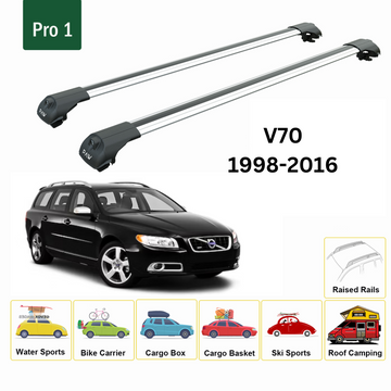 Für Volvo V70 Kombi 1998–16, Dachträger, Querstange, Metallhalterung, erhöhte Schiene, Alu, Silber - 0