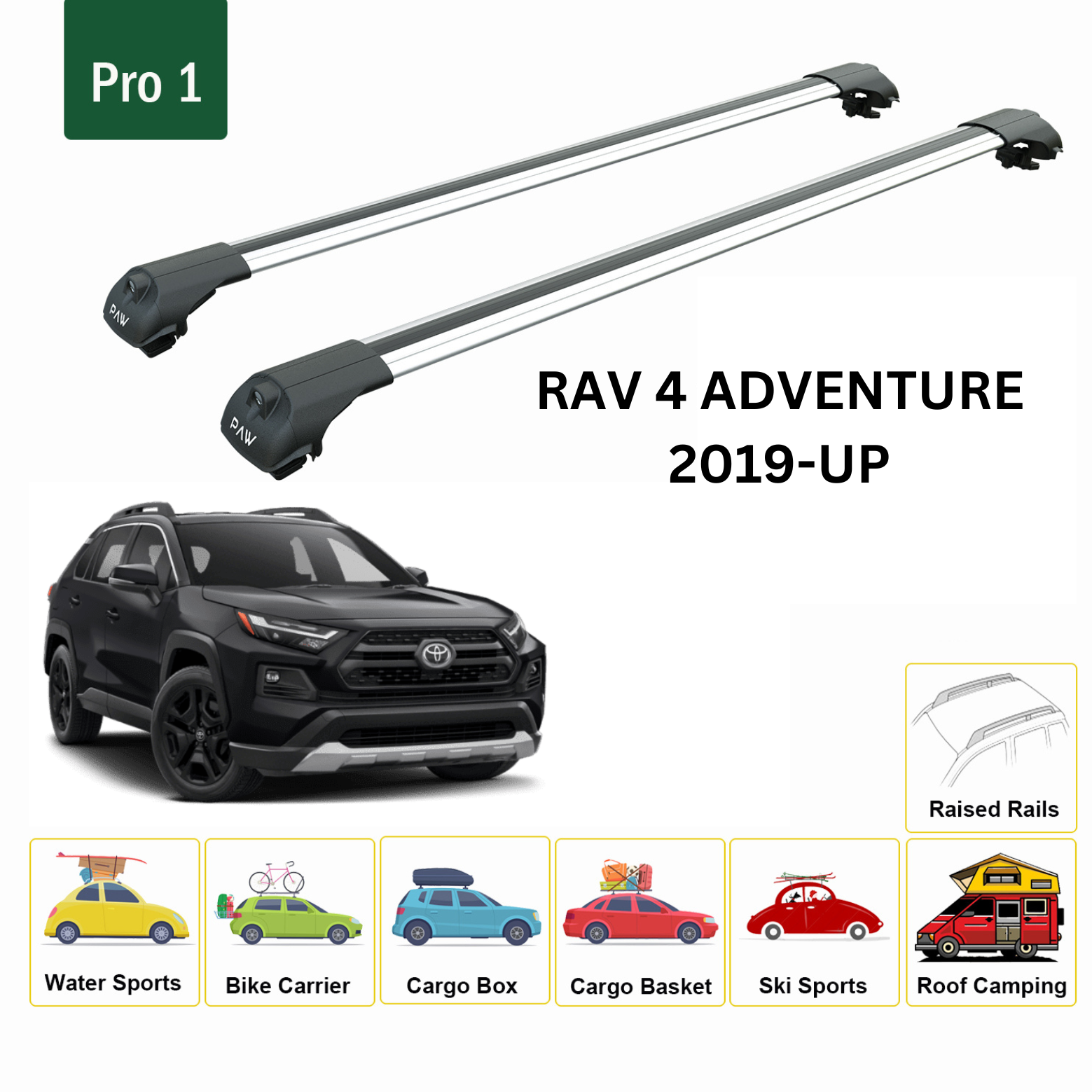 For Toyota Rav 4 Adventure 2019-Up Roof Rack Cross Bars Metal Bracket Raised Rail Alu Silver - 0