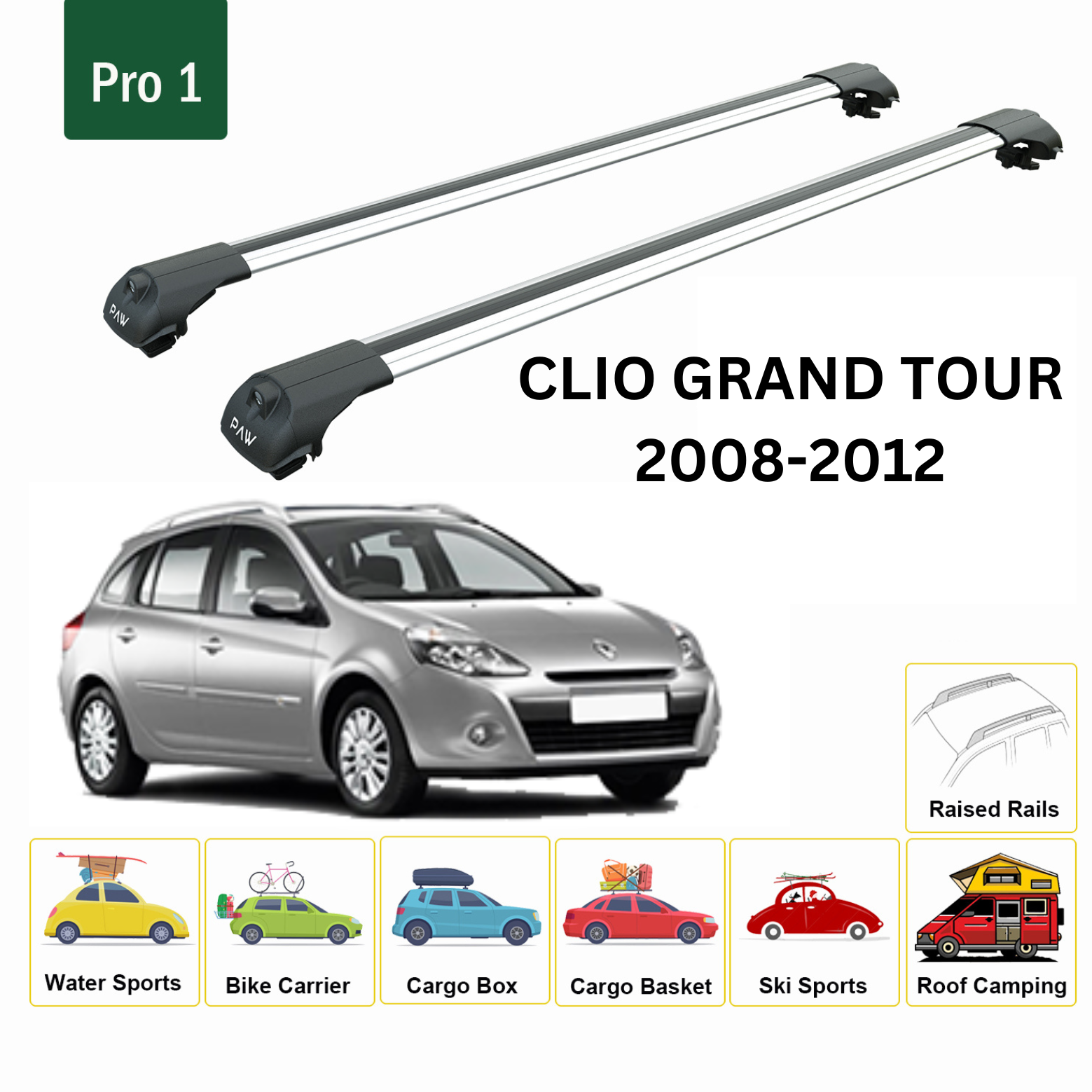 Für Renault Clio Grand Tour 2008–2012 Dachträgersystem, Aluminium-Querstange, Metallhalterung, normales Dach, Silber