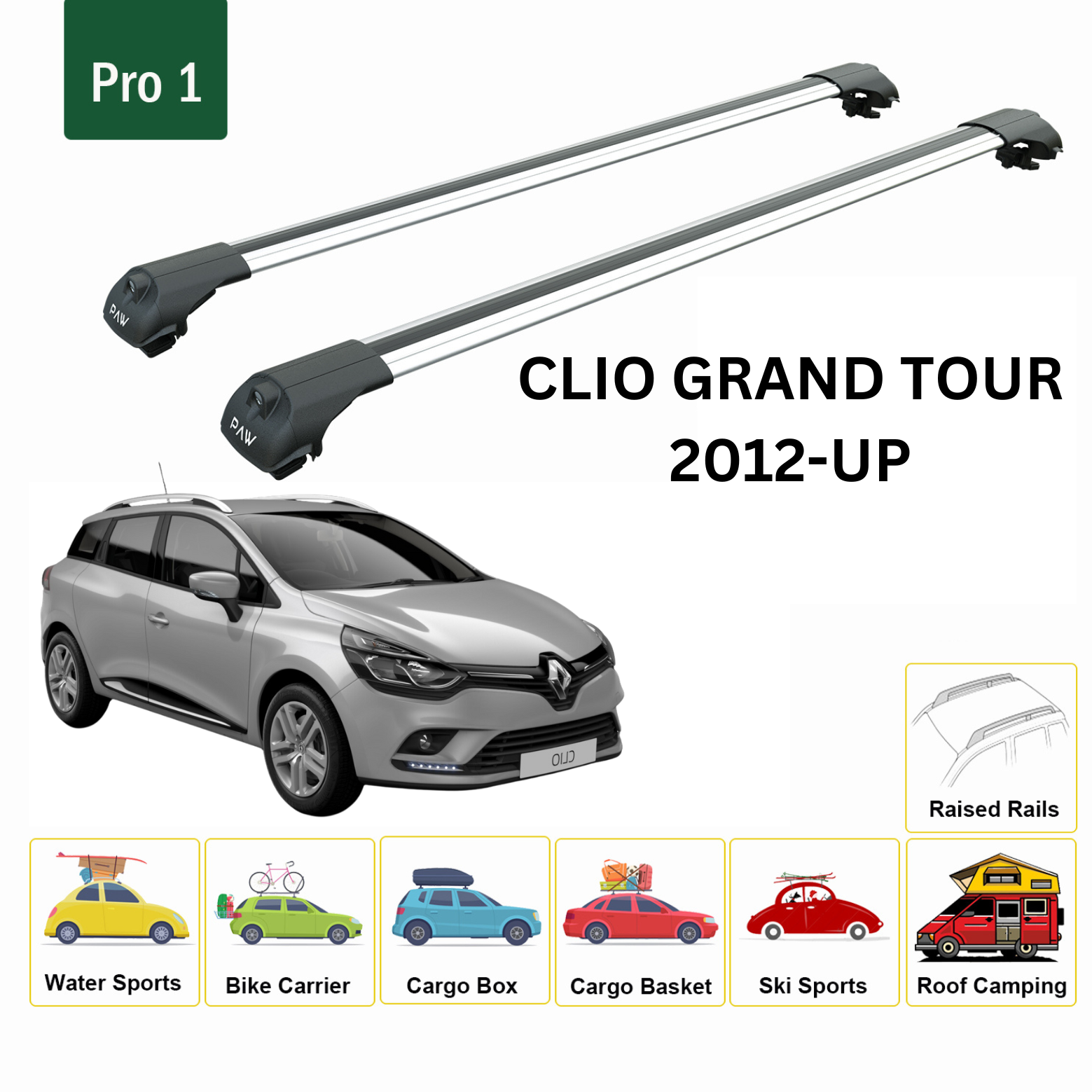 For Renault Clio Grand Tour 2012-Up Roof Rack System, Aluminium Cross Bar, Metal Bracket, Normal Roof, Silver