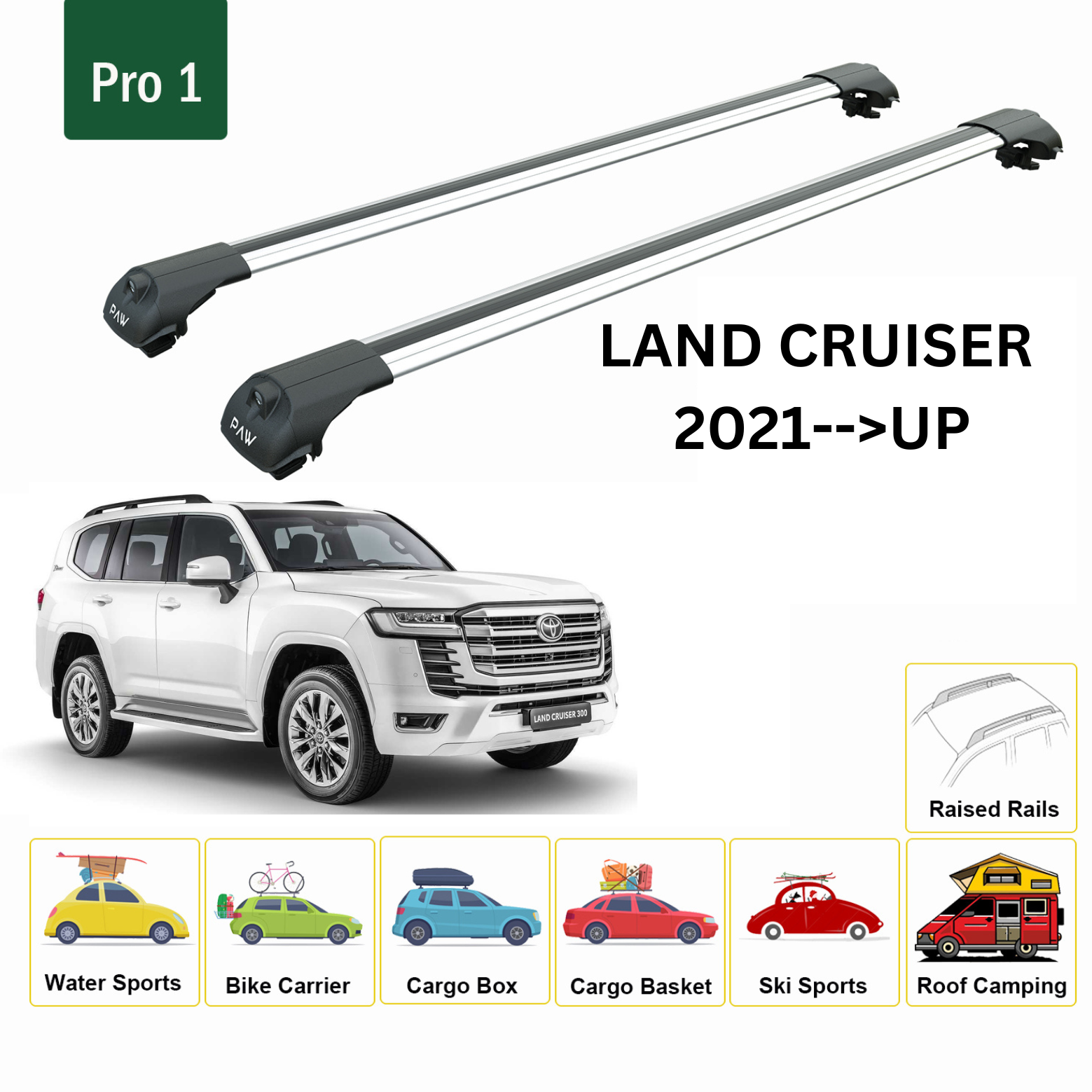 For Toyota Land Cruiser 300 Roof Rack Cross Bars Metal Bracket Raised Rail Alu Silver 2021-Up - 0