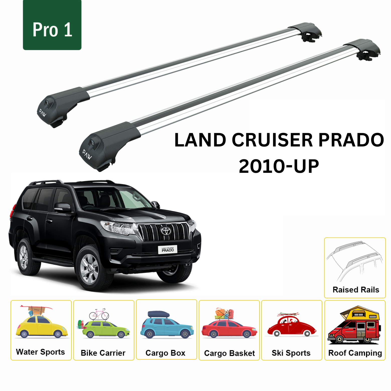 For Toyota Land Cruiser Prado 2009-Up Roof Rack Cross Bars Metal Bracket Raised Rail Alu Silver-2