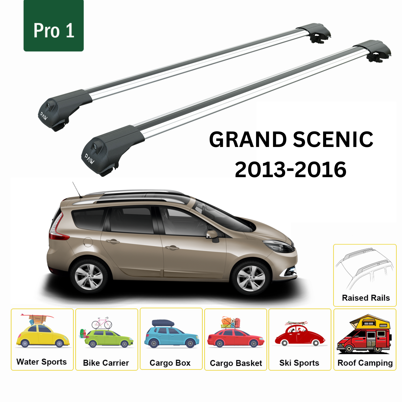 For Renault Grand Scenic 2013-2016 Roof Rack System, Aluminium Cross Bar, Metal Bracket, Normal Roof, Silver