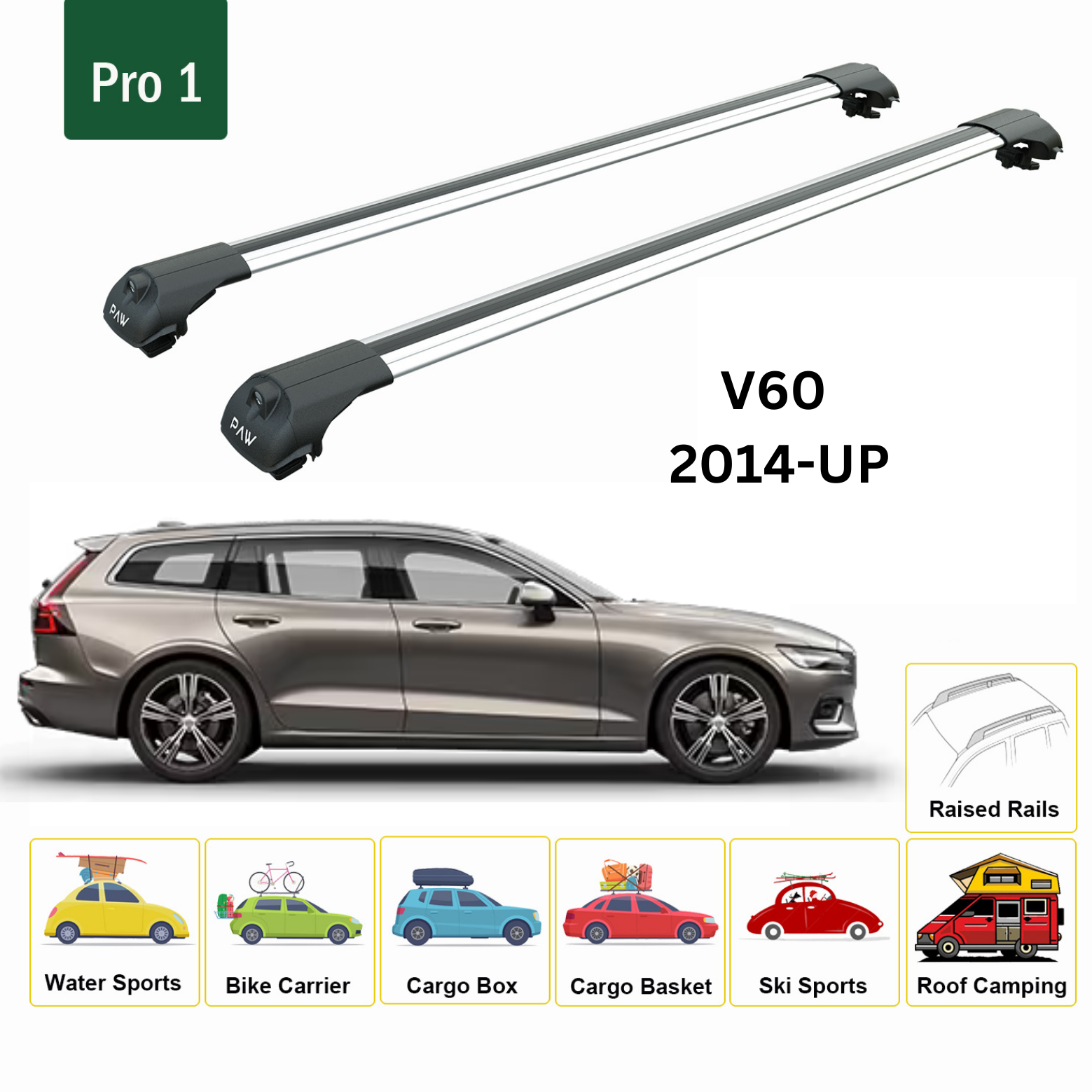 For Volvo V60 2014-Up Roof Rack Cross Bars Metal Bracket Raised Rail Silver