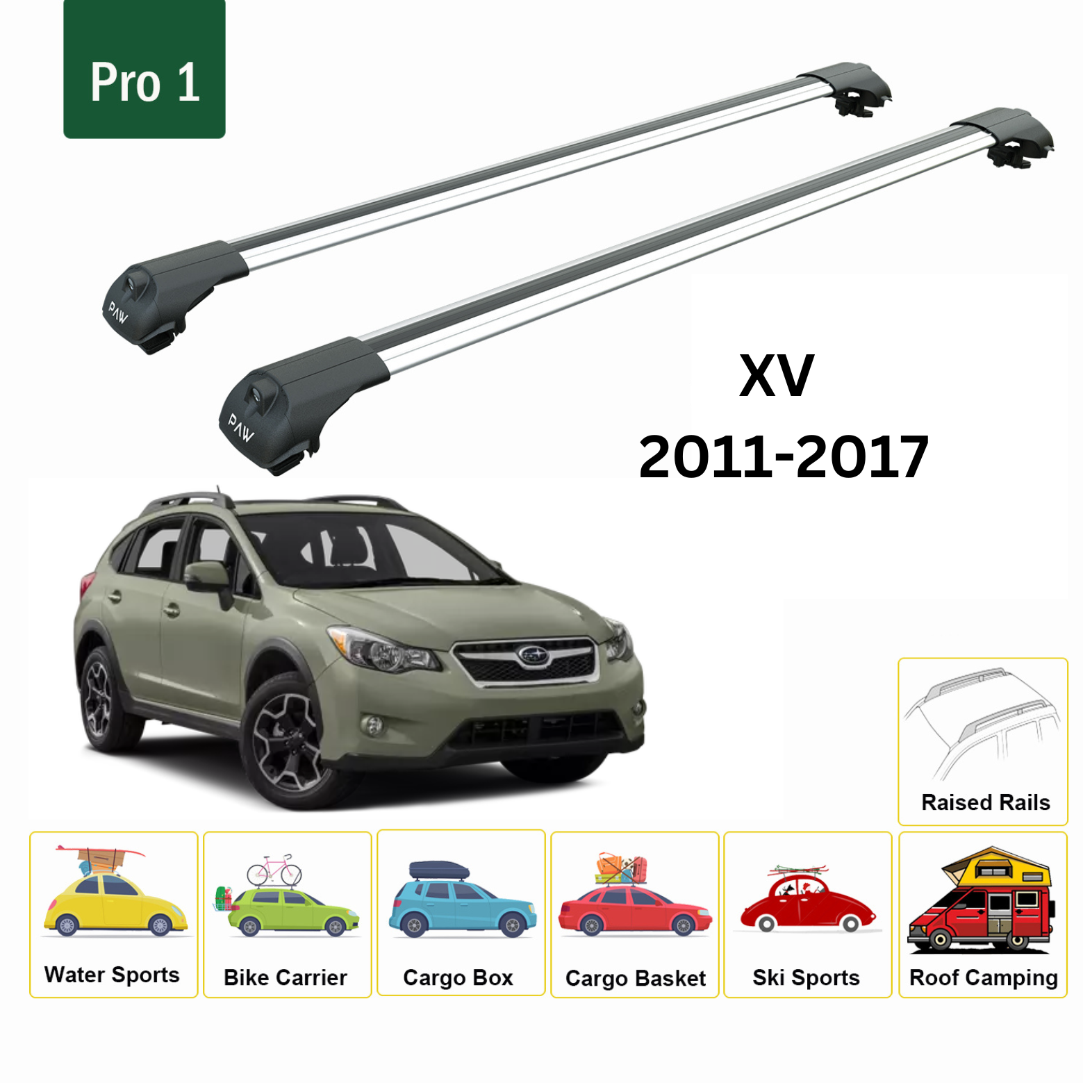 For Subaru XV 2012-17 Roof Rack Cross Bars Metal Bracket Raised Rail Alu Silver
