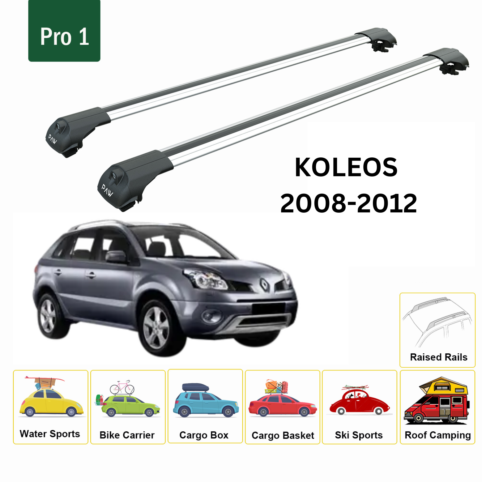 For Renault Koleos 2008-2012 Roof Rack System, Aluminium Cross Bar, Metal Bracket, Normal Roof, Silver - 0