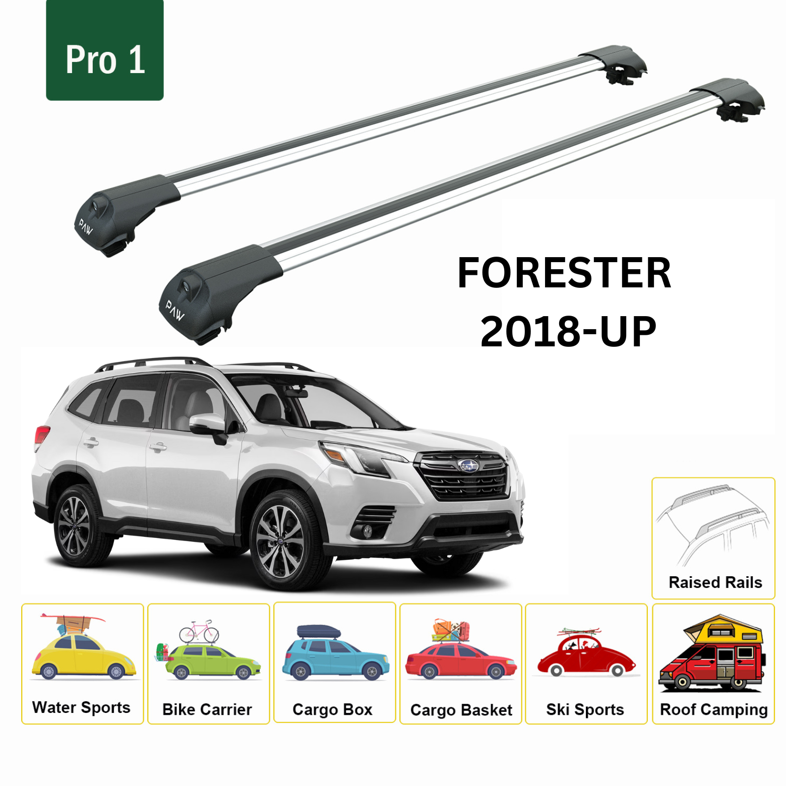 For Subaru Forester 2018-Up Roof Rack Cross Bars Metal Bracket Raised Rail Alu Silver