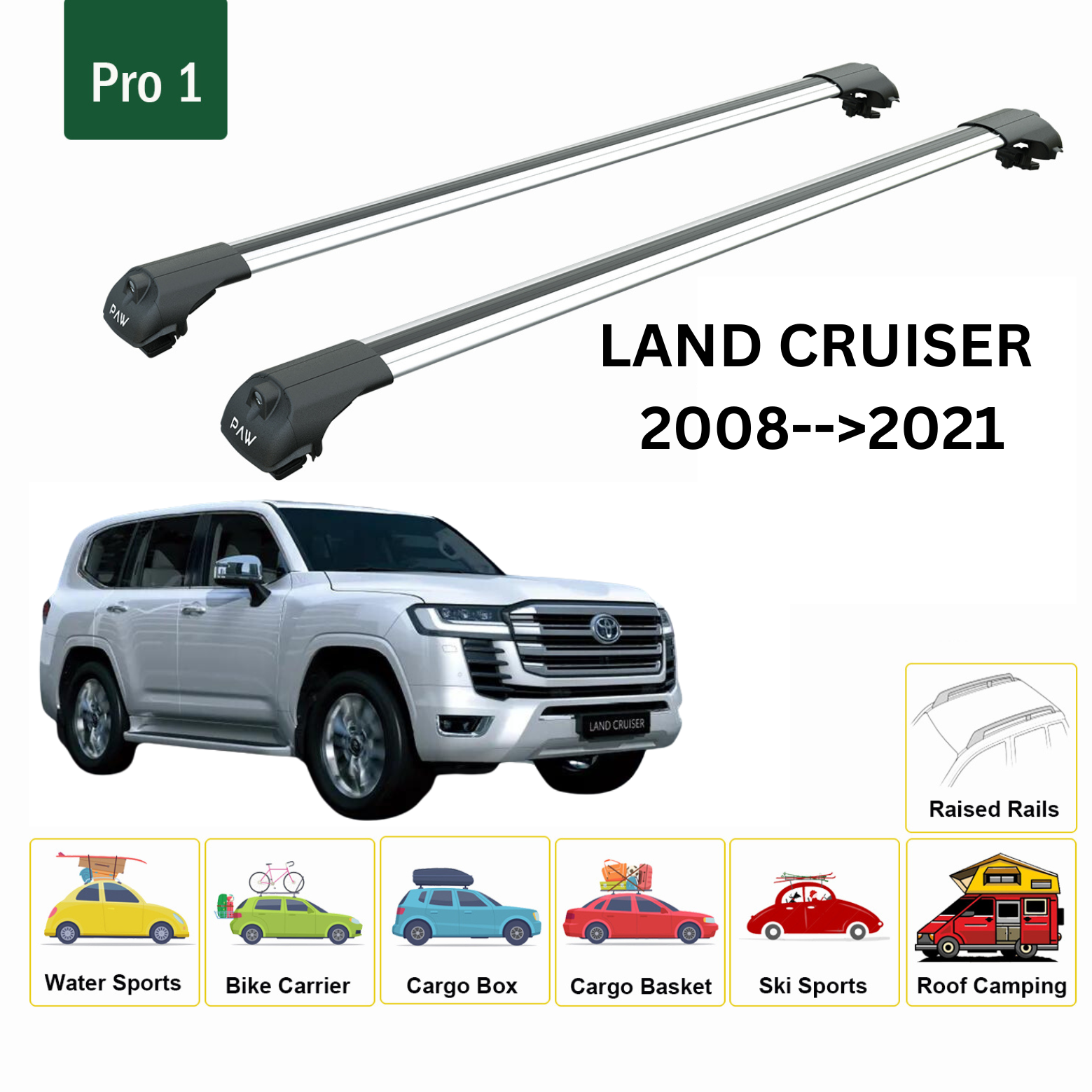For Toyota Land Cruiser 200 Roof Rack Cross Bars Metal Bracket Raised Rail Alu Silver 2008-21