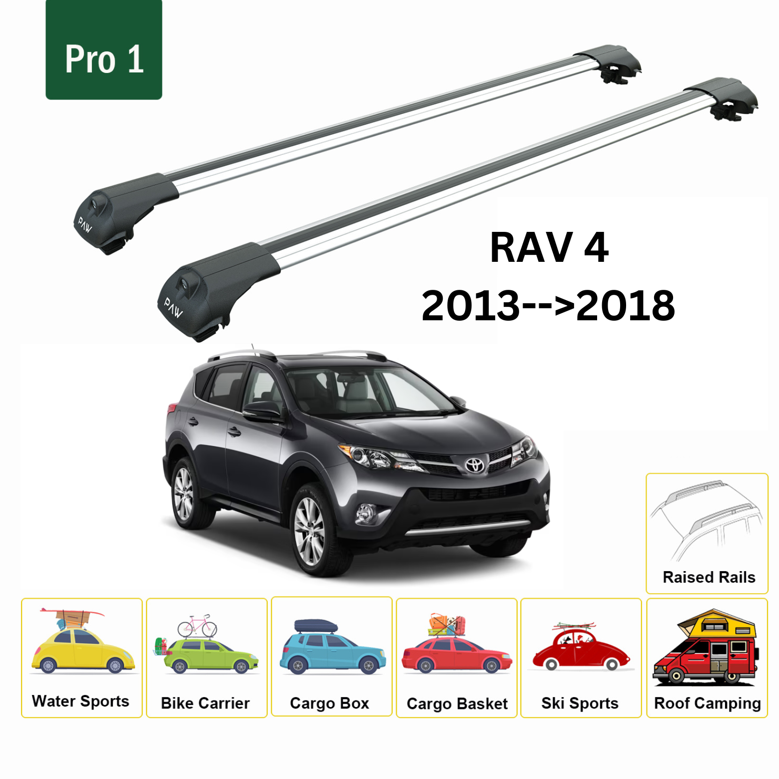 For Toyota Rav 4 2013-18 Roof Rack Cross Bars Metal Bracket Raised Rail Alu Silver - 0